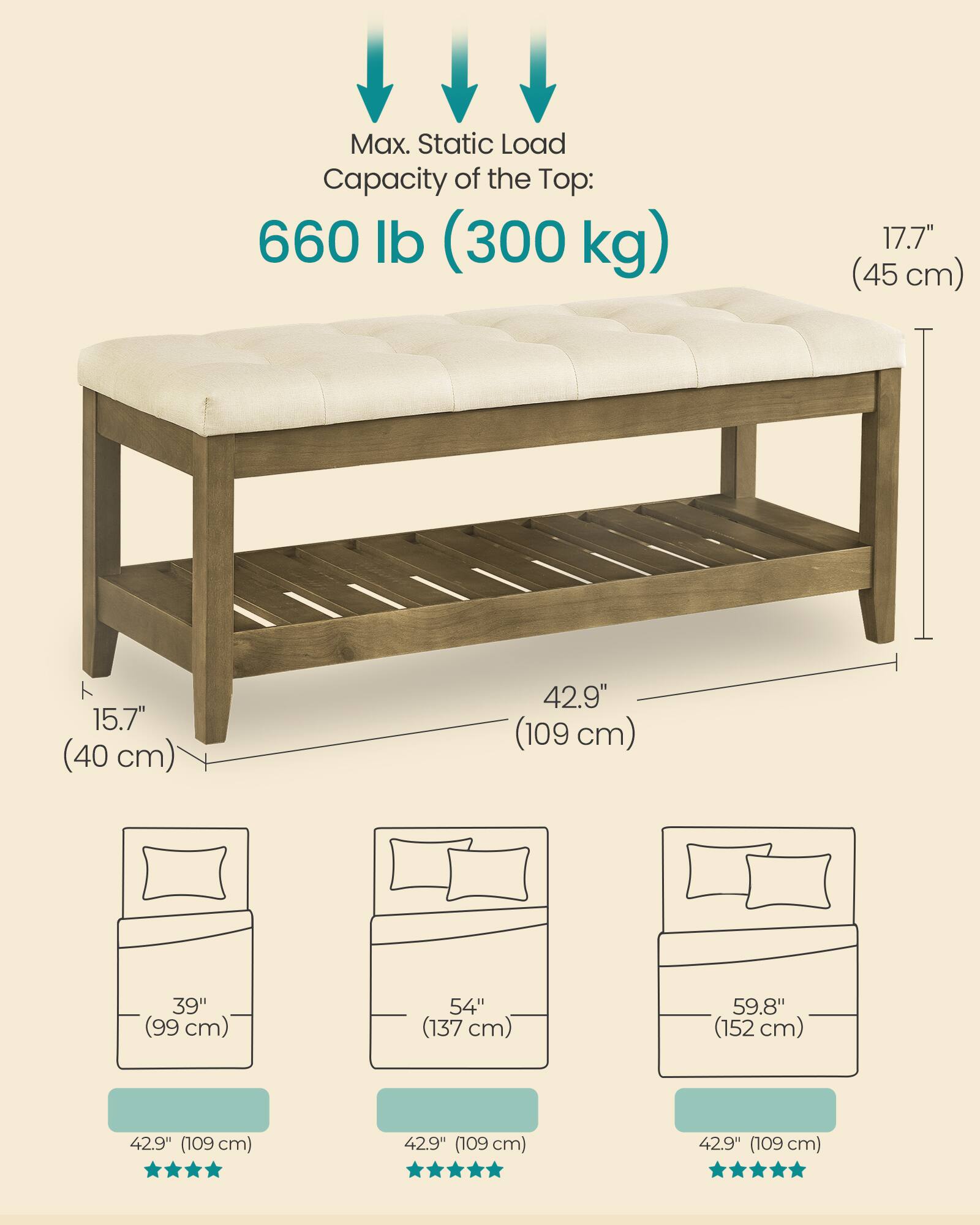 Max. Static Load Capacity of the Top: 660 lb (300 kg)  
17.7" (45 cm)  
15.7" (40 cm)  
42.9" (109 cm)  
39" (99 cm)  
54" (137 cm)  
59.8" (152 cm)  
42.9" (109 cm)  
42.9" (109 cm)  
42.9" (109 cm)