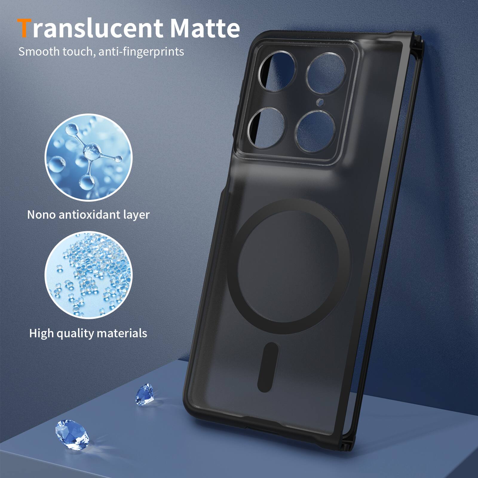 Translucent Matte  
Smooth touch, anti-fingerprints  
Nano antioxidant layer  
High quality materials