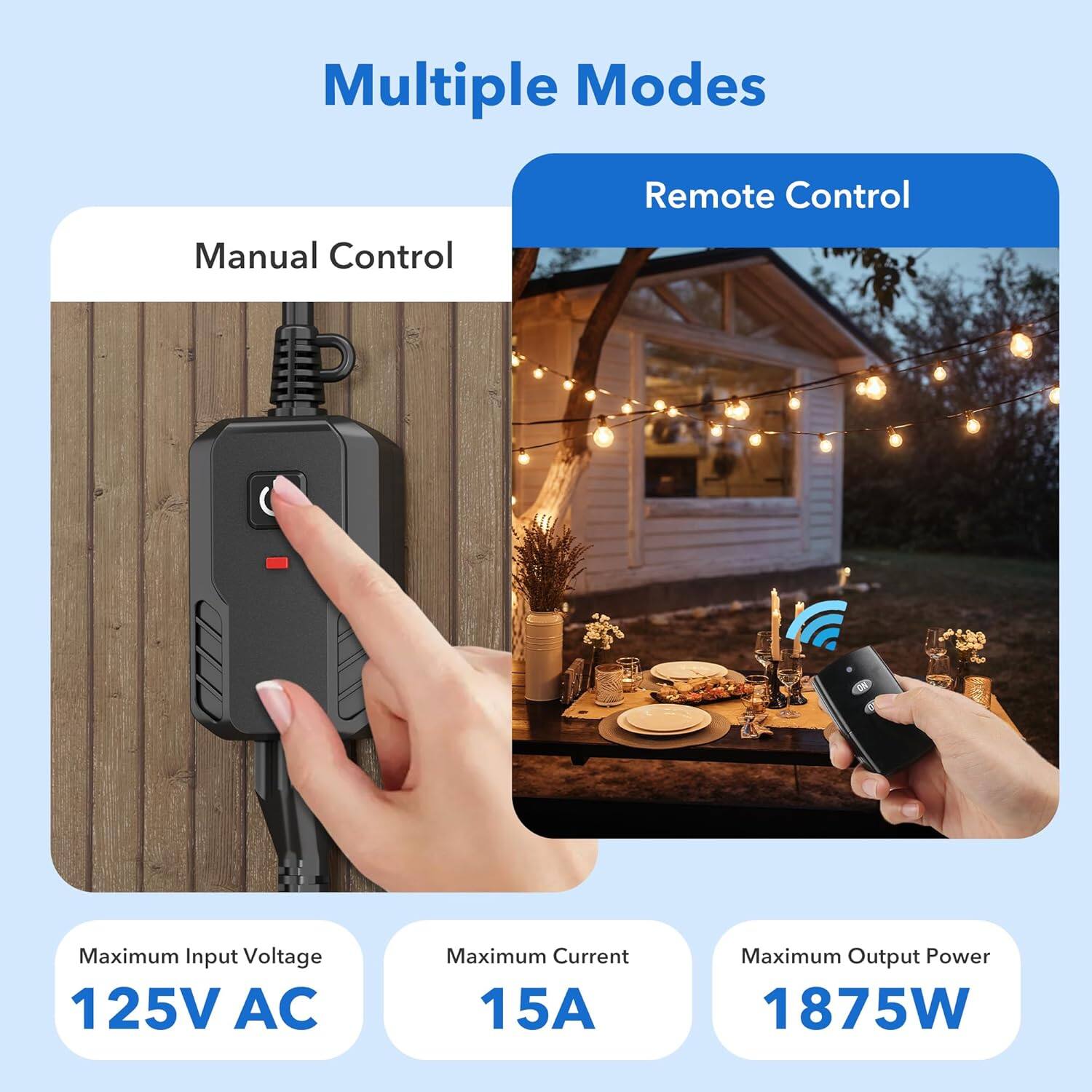 Multiple Modes

Manual Control

Remote Control

Maximum Input Voltage: 125V AC

Maximum Current: 15A

Maximum Output Power: 1875W