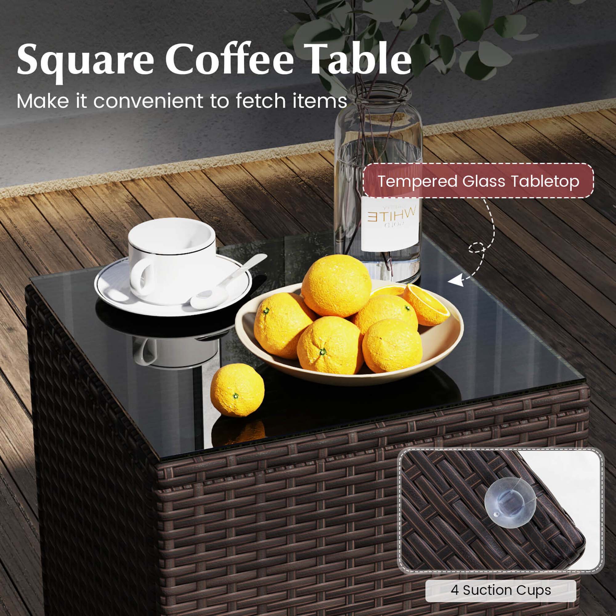 Square Coffee Table: Make it convenient to fetch items. Tempered Glass Tabletop. White. 4 Suction Cups.