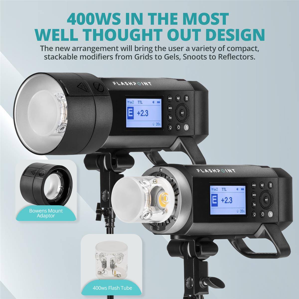 400WS IN THE MOST WELL THOUGHT OUT DESIGN

The new arrangement will bring the user a variety of compact, stackable modifiers from Grids to Gels, Snoots to Reflectors.

FLASHPOINT
- TTL
- E +2.3
- 20g

FLASHPOINT Bowens Mount Adaptor
- TTL
- E +2.3
- 400ws Flash Tube