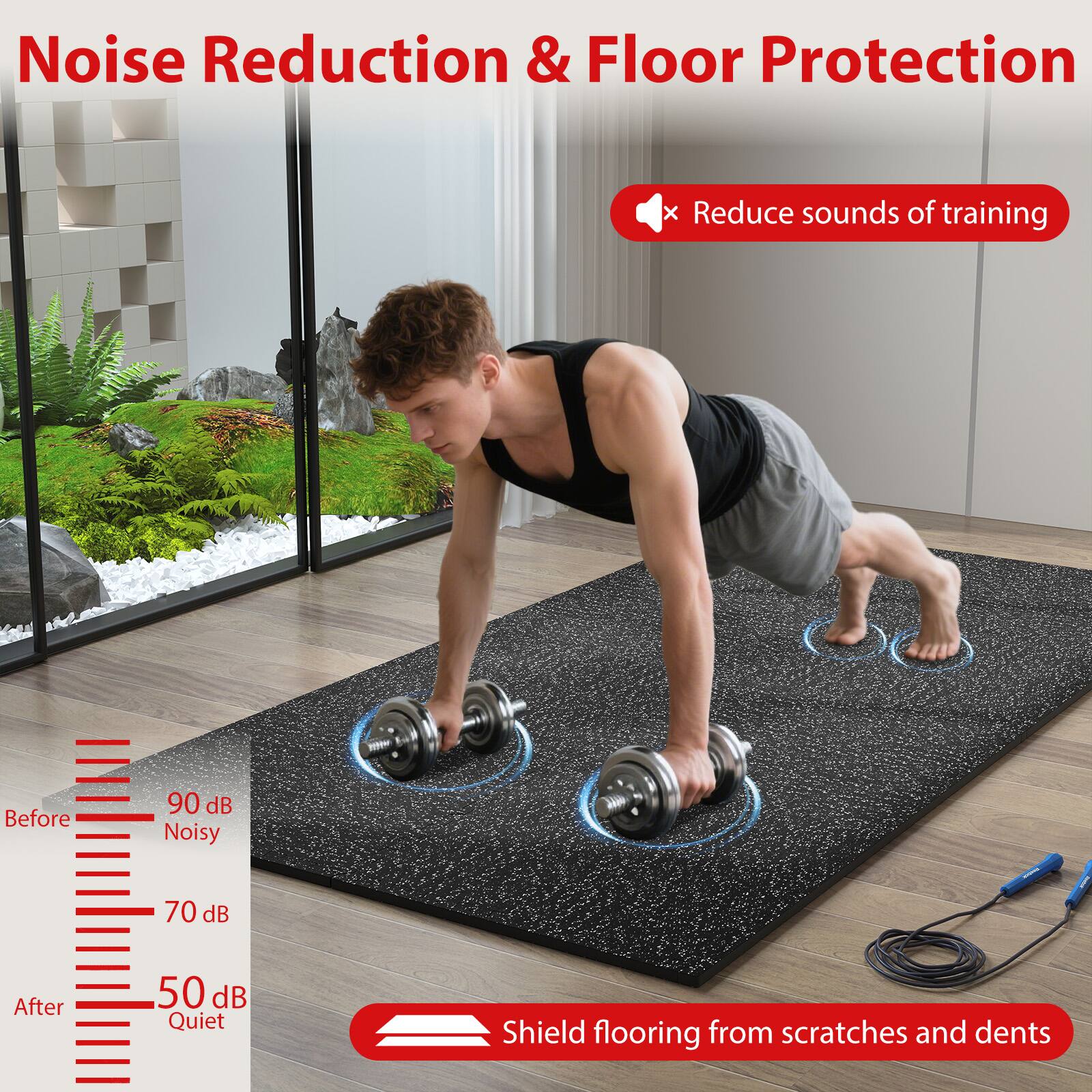 Noise Reduction & Floor Protection

Reduce sounds of training

Before: 90 dB Noisy
After: 50 dB Quiet

Shield flooring from scratches and dents