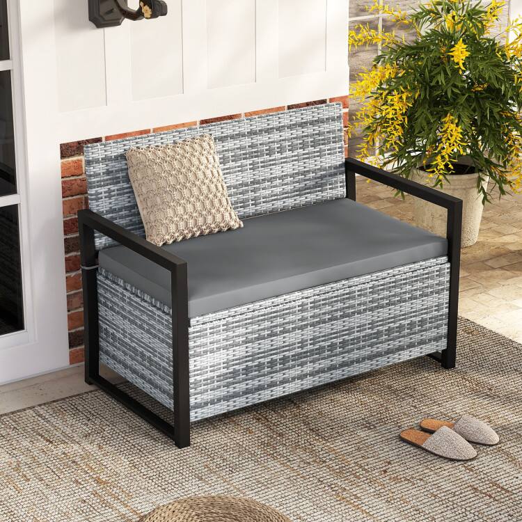 Angle. Mondawe - 46" Patio Storage Bench Wicker Loveseat with Built-in 40 Gal Storage - Gray.