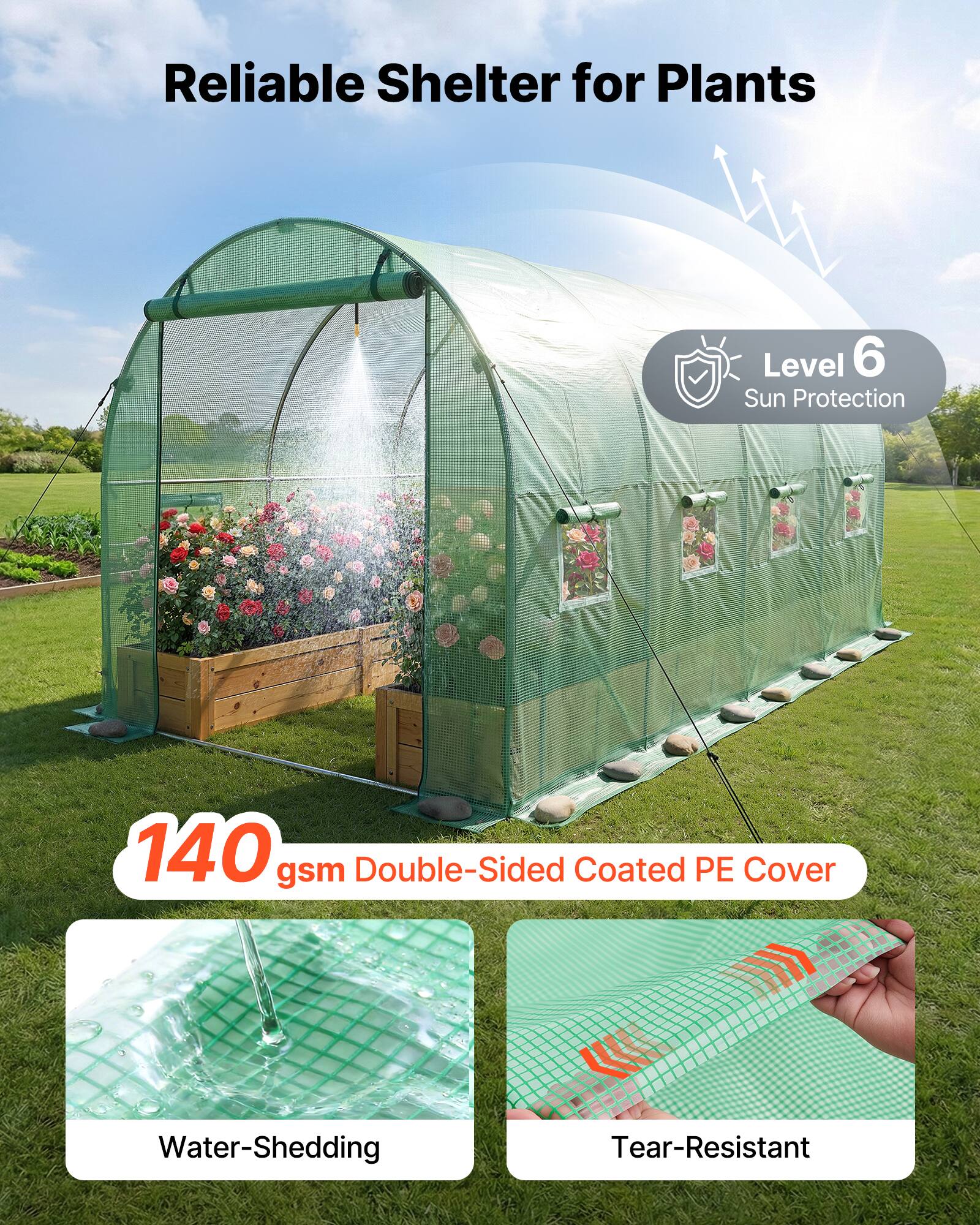 Reliable Shelter for Plants

- Level 6 Sun Protection
- 140 gsm Double-Sided Coated PE Cover
- Water-Shedding
- Tear-Resistant