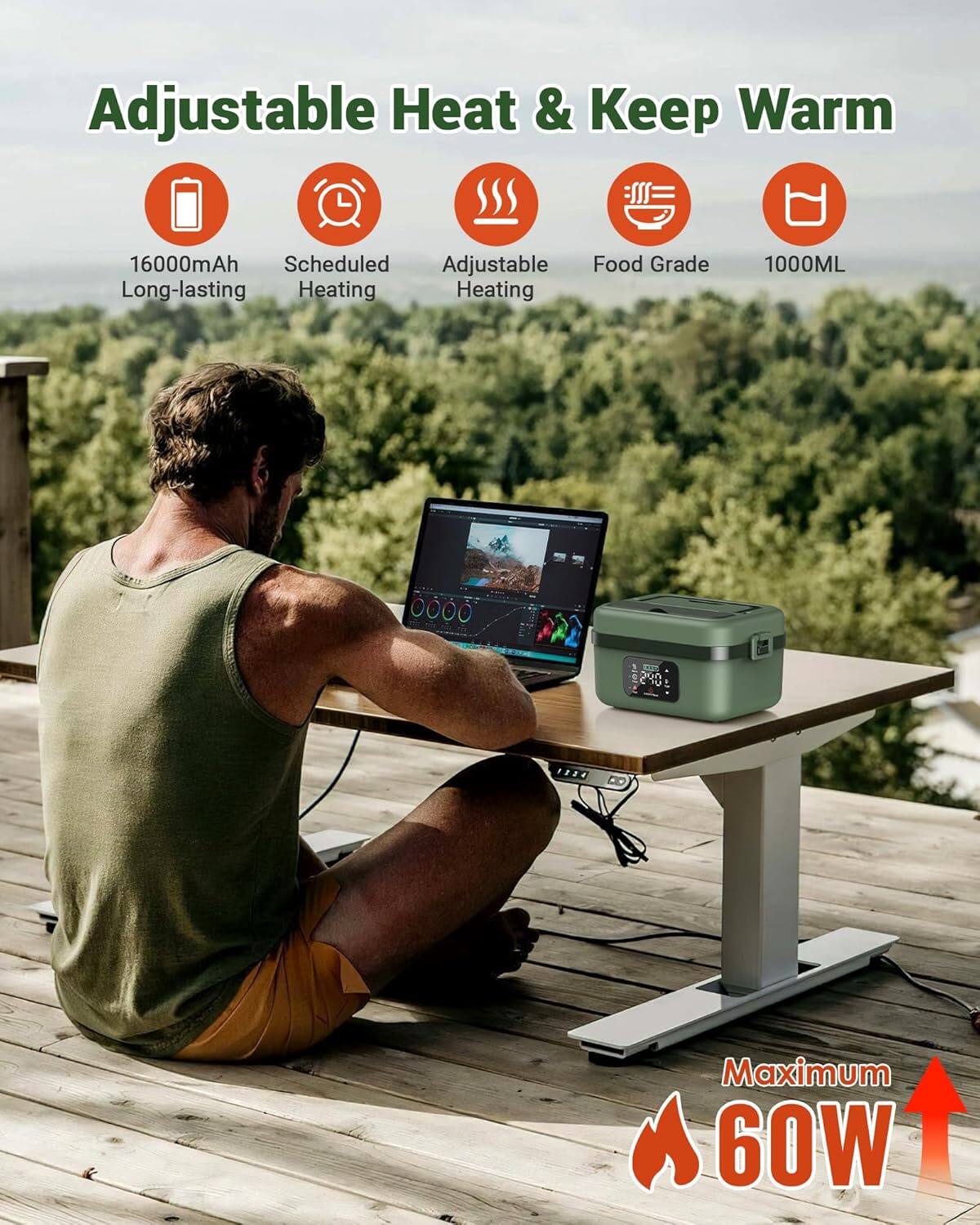 Adjustable Heat & Keep Warm

- 16000mAh Long-lasting
- Scheduled Heating
- Adjustable Heating
- Food Grade
- 1000ML

Maximum 60W