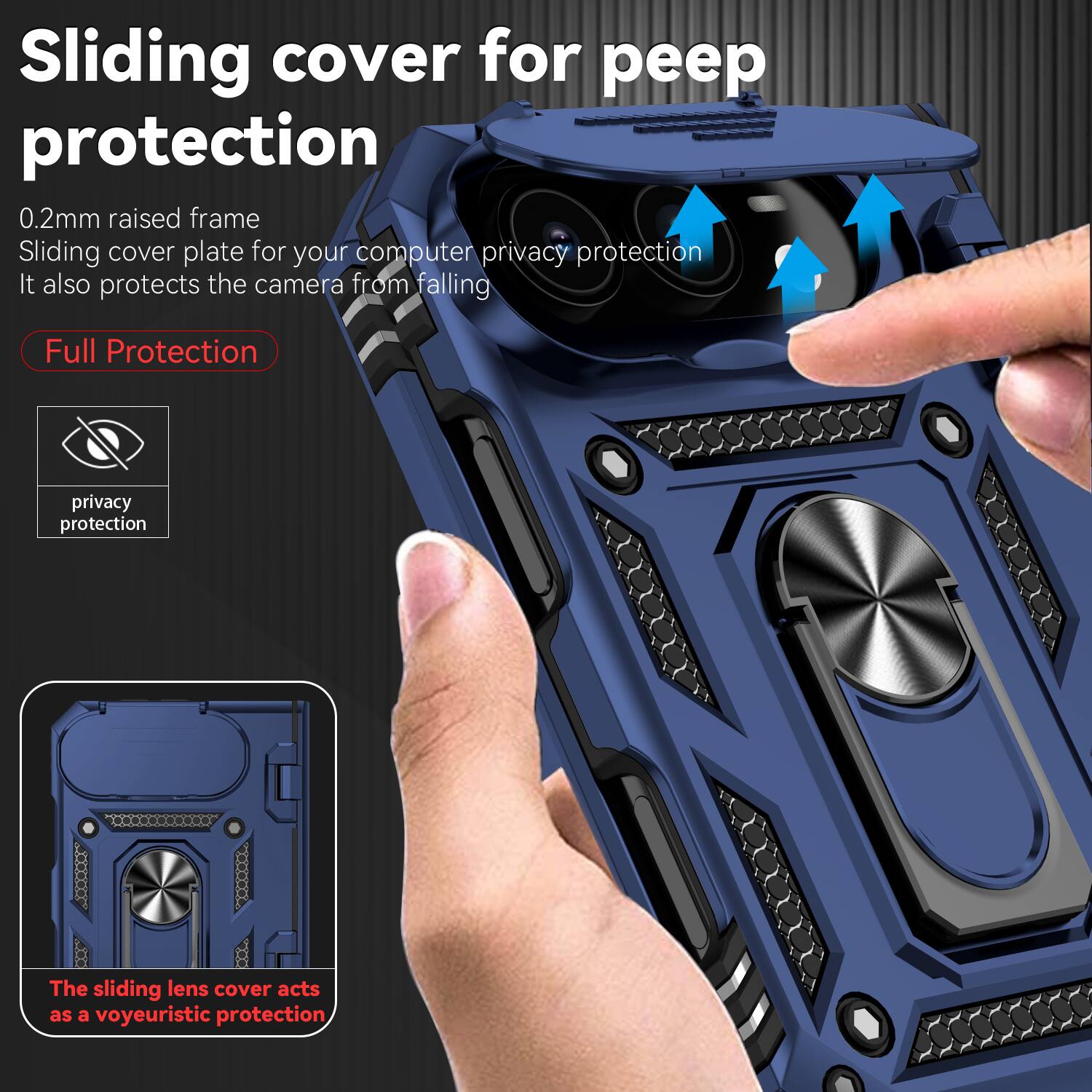 Sliding cover for peep protection  
0.2mm raised frame  
Sliding cover plate for your computer privacy protection  
It also protects the camera from falling  

Full Protection  
privacy protection  

The sliding lens cover acts as a voyeuristic protection