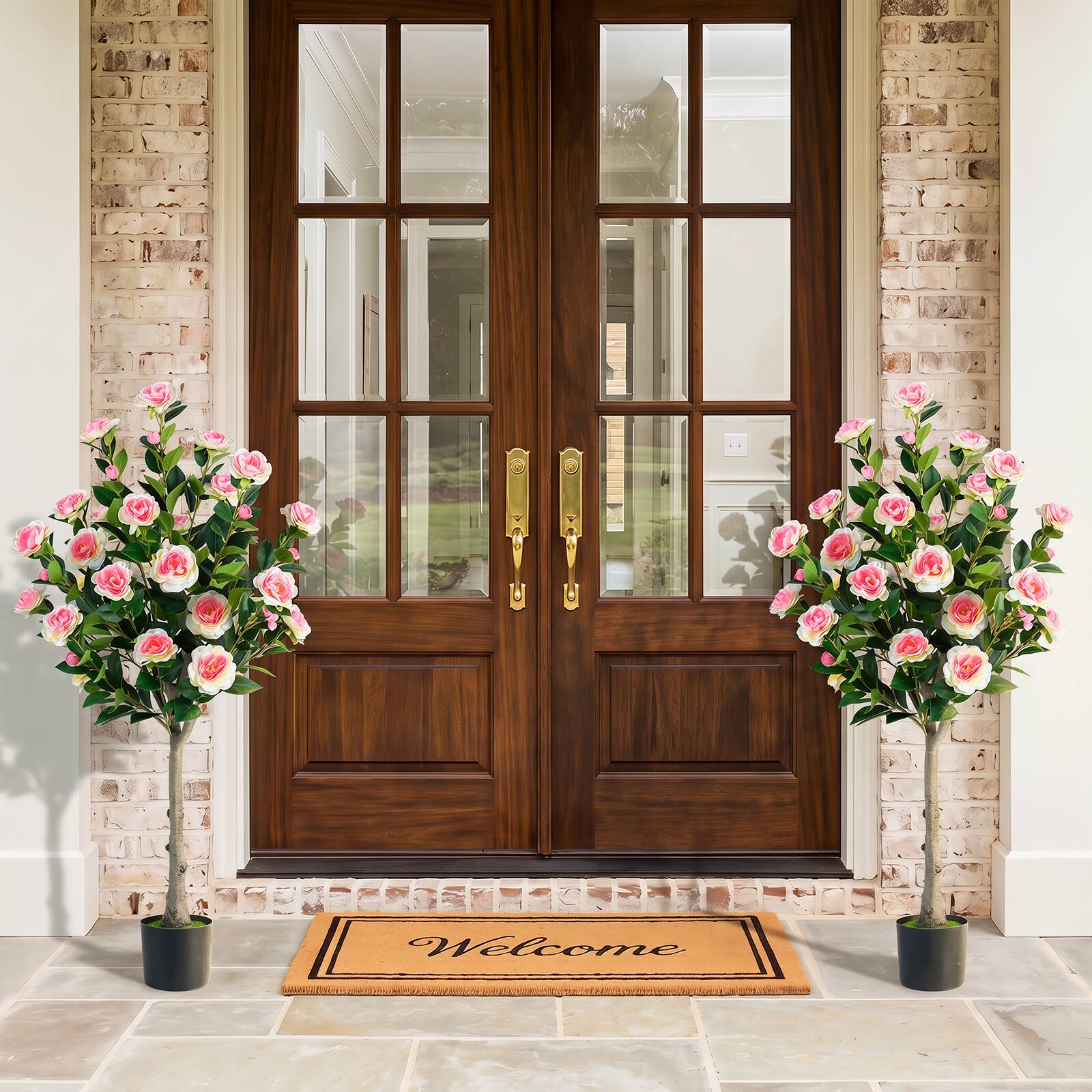 Alt View 1. Costway - Costway 1 PCS 50.5" Artificial Camellia Tree with 27 Camellia Blossoms in Cement-Filled Pot - Pink & Green & Black.