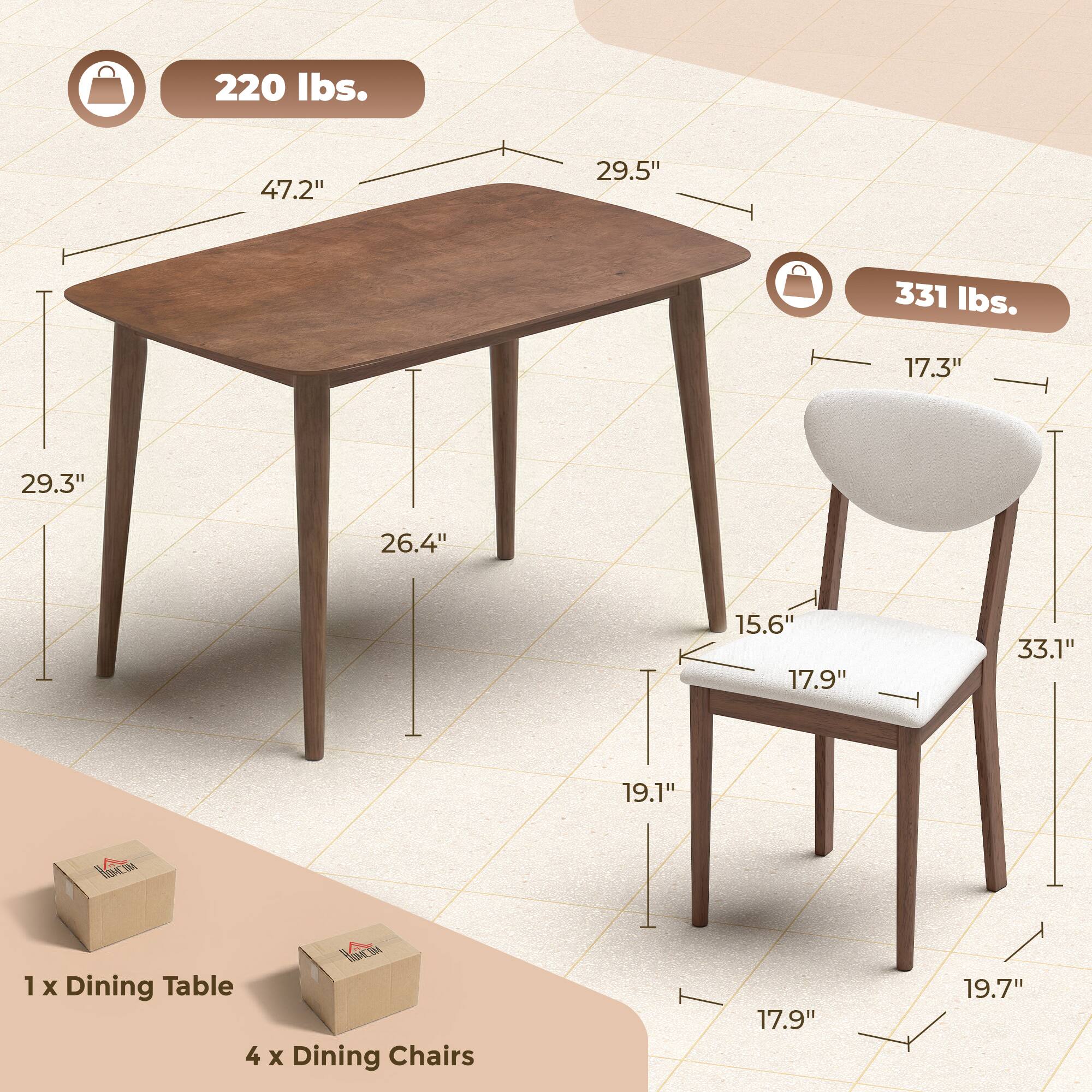 220 lbs.  
47.2"  
29.5"  
29.3"  
26.4"  
331 lbs.  
17.3"  
15.6"  
17.9"  
33.1"  
19.1"  
19.7"  

1 x Dining Table  
4 x Dining Chairs