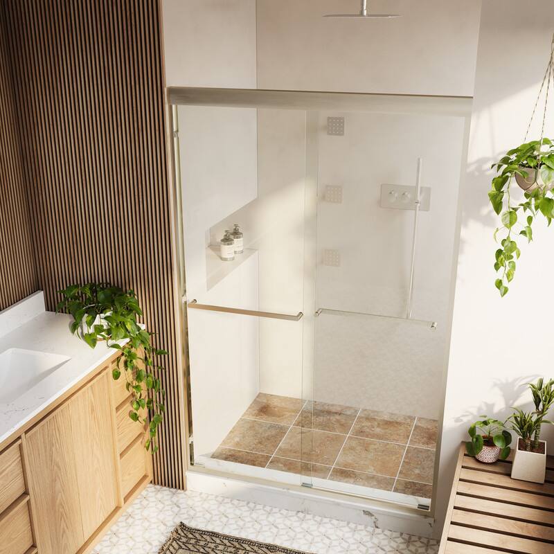 Left. WELLFOR - 44-48 in W x 72 in H Framed Shower Door with Double Sliding & Stainless Steel Towel Bar Handle, 1/4" Tempered Glass - Brushed Nickel.