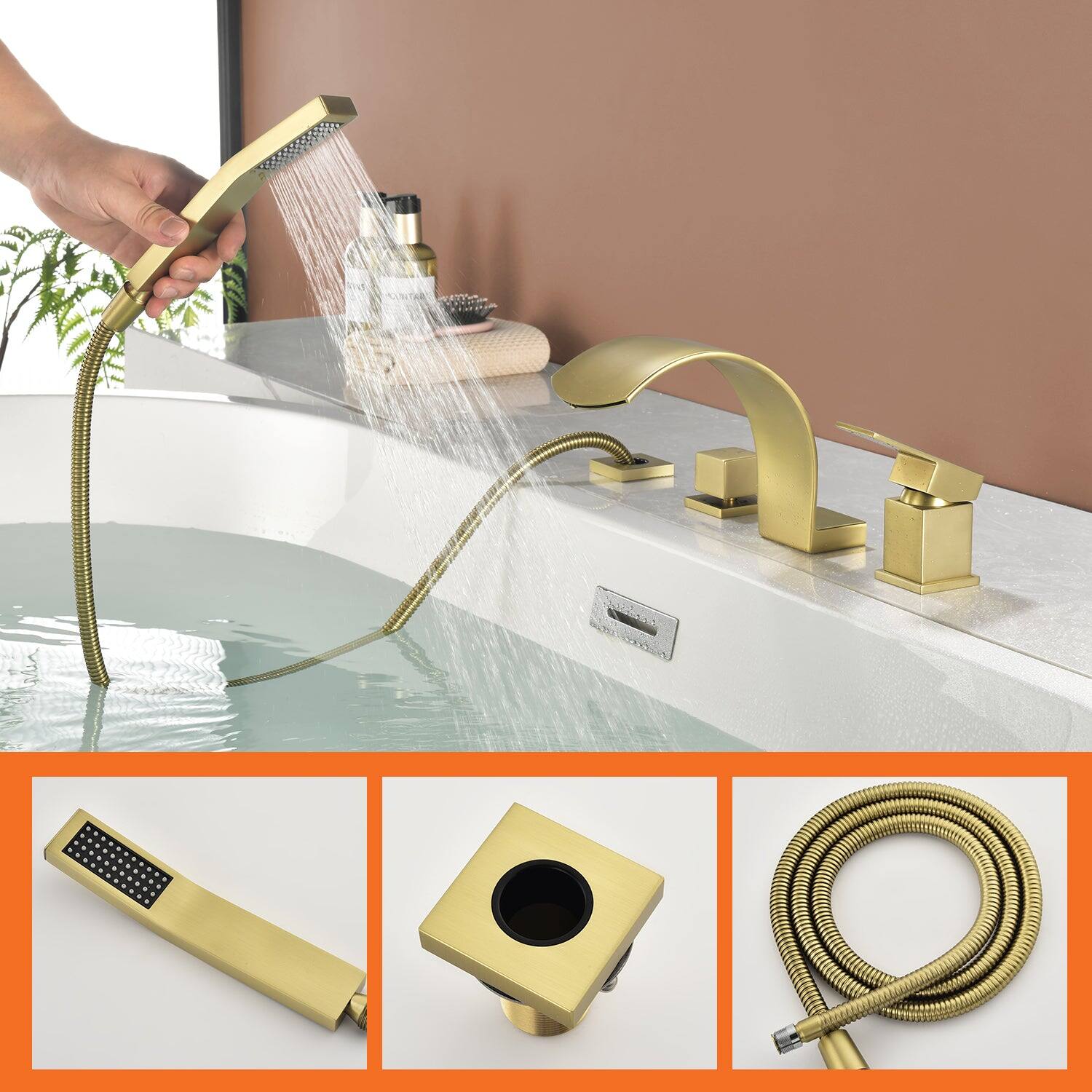 Alt View 2. Boyel Living - Brushed Gold Curved Cold and Hot Bathtub Faucet with Handheld Shower and Waterfall Outlet Single Handle Dual Control - Brushed Gold.