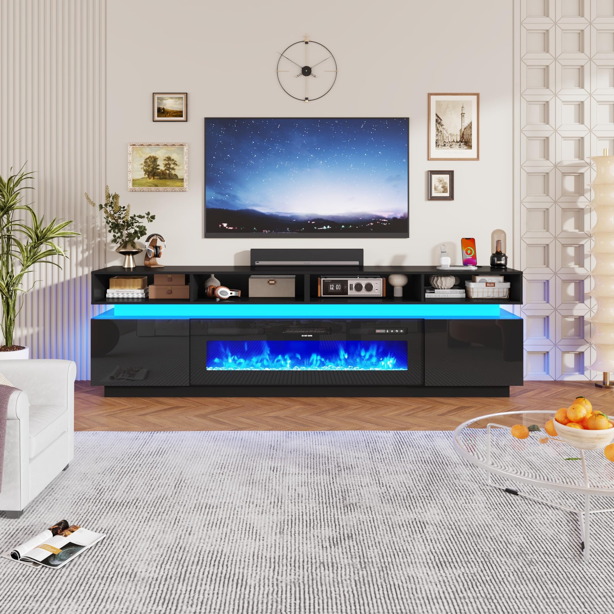 Left. Espafurni - 93" Fireplace TV Stand for 100" TVs, 50" Electric Fireplace, LED, Power Outlets - Black.