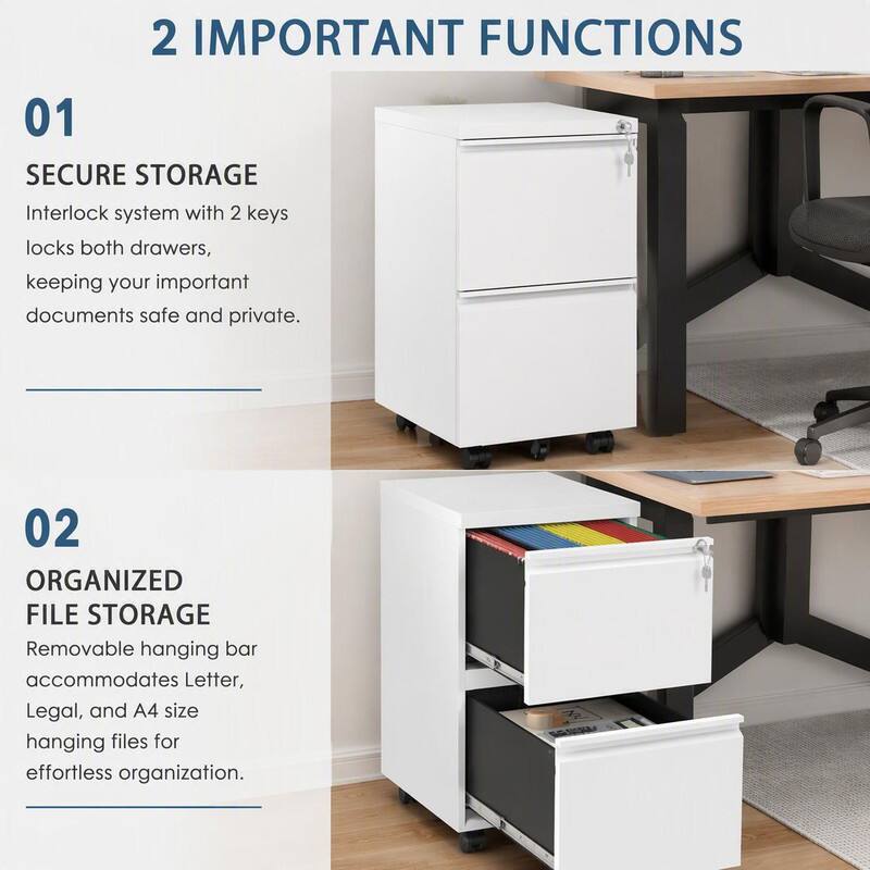 2 IMPORTANT FUNCTIONS

01 SECURE STORAGE
Interlock system with 2 keys locks both drawers, keeping your important documents safe and private.

02 ORGANIZED FILE STORAGE
Removable hanging bar accommodates Letter, Legal, and A4 size hanging files for effortless organization.