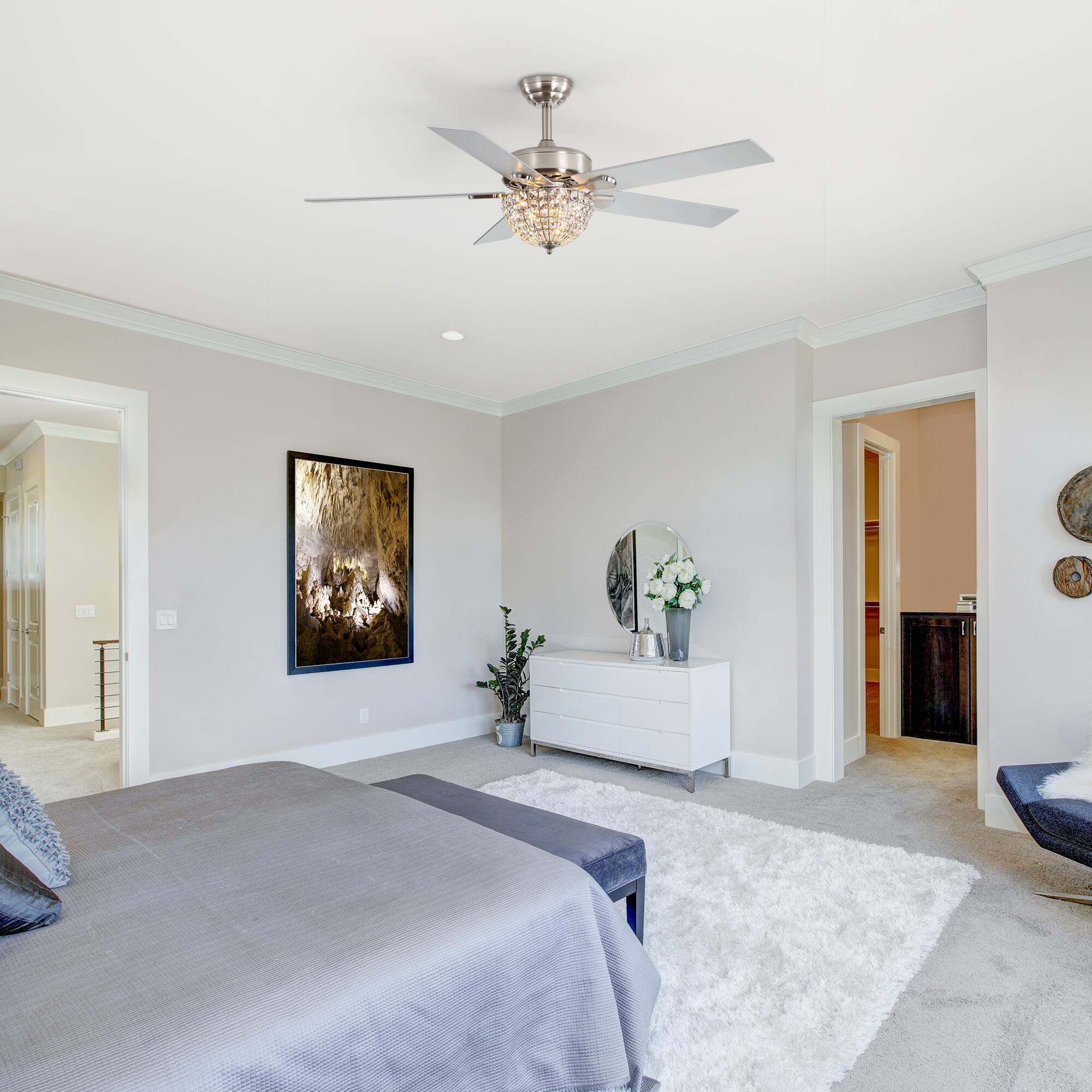 Alt View 1. Breezary - Breezary 52'' Indoor Ceiling Fan with Crystal-Bead Bowl Light, 5 Reversible Blades, Timer, DC Motor, Remote & 6″ Downrod - Satin Nickel.