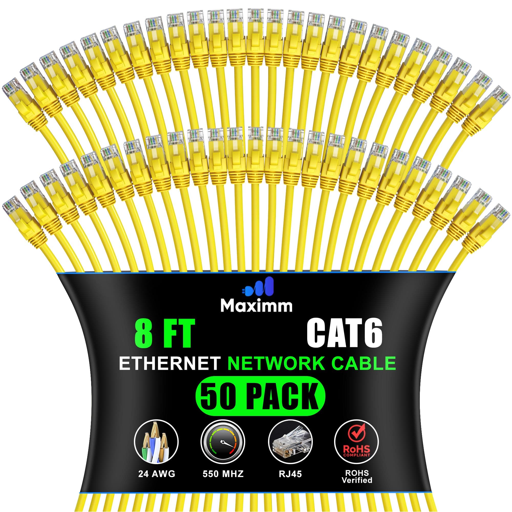 Maximm - Cat 6 Ethernet Cable 8 ft (50-Pack) - UTP, 10Gbps, 550MHz