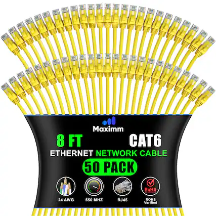 Maximm 8 FT CAT6 ETHERNET NETWORK CABLE 50 PACK
RoHS COMPLIANT
24 AWG
550 MHZ
RJ45
ROHS Verified