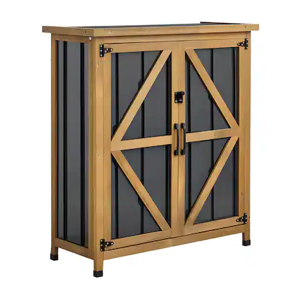 Front. VEVOR - Outdoor Storage Shed, 33.86" x 37.4" Wood & Metal Garden Tool Shed with Lockable Doors & Sloped Roof - Brown;Black.