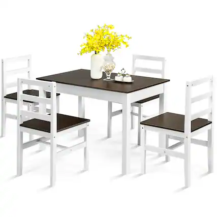 Front. Costway - 5pcs Dining Set Solid Wood Compact Kitchen Table & 4 Chairs Modern - Walnut, White.