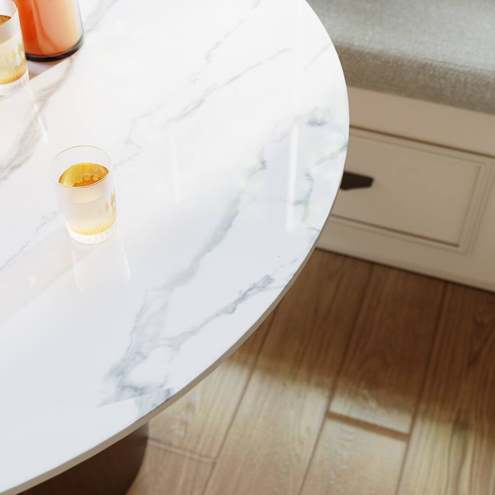 Back. POVISON - 32" Modern Bistro Table for Breakfast Nook & Compact Spaces, Glossy White Sintered Stone Top with Bronze Metal Base - White.