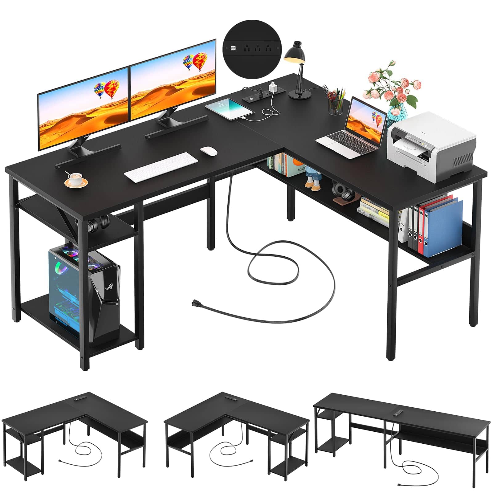 Aheaplus - Reversible Corner Desk with Power Outlets & USB Ports, Storage Shelves for Gaming & Home Office, Easy Assembly - Black