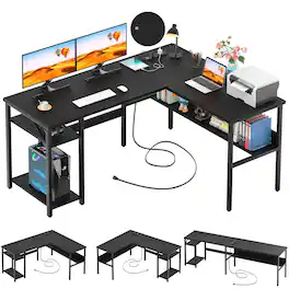 Aheaplus - Reversible Corner Desk with Power Outlets & USB Ports, Storage Shelves for Gaming & Home Office, Easy Assembly - Black