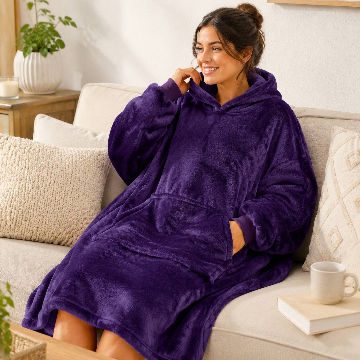 Alt View 1. Oumilen - Oversized Wearable Hoodie Blanket, 55.1 Inch XL Super Soft Flannel Hooded Blanket Sweatshirt with Pocket, Purple - Purple.