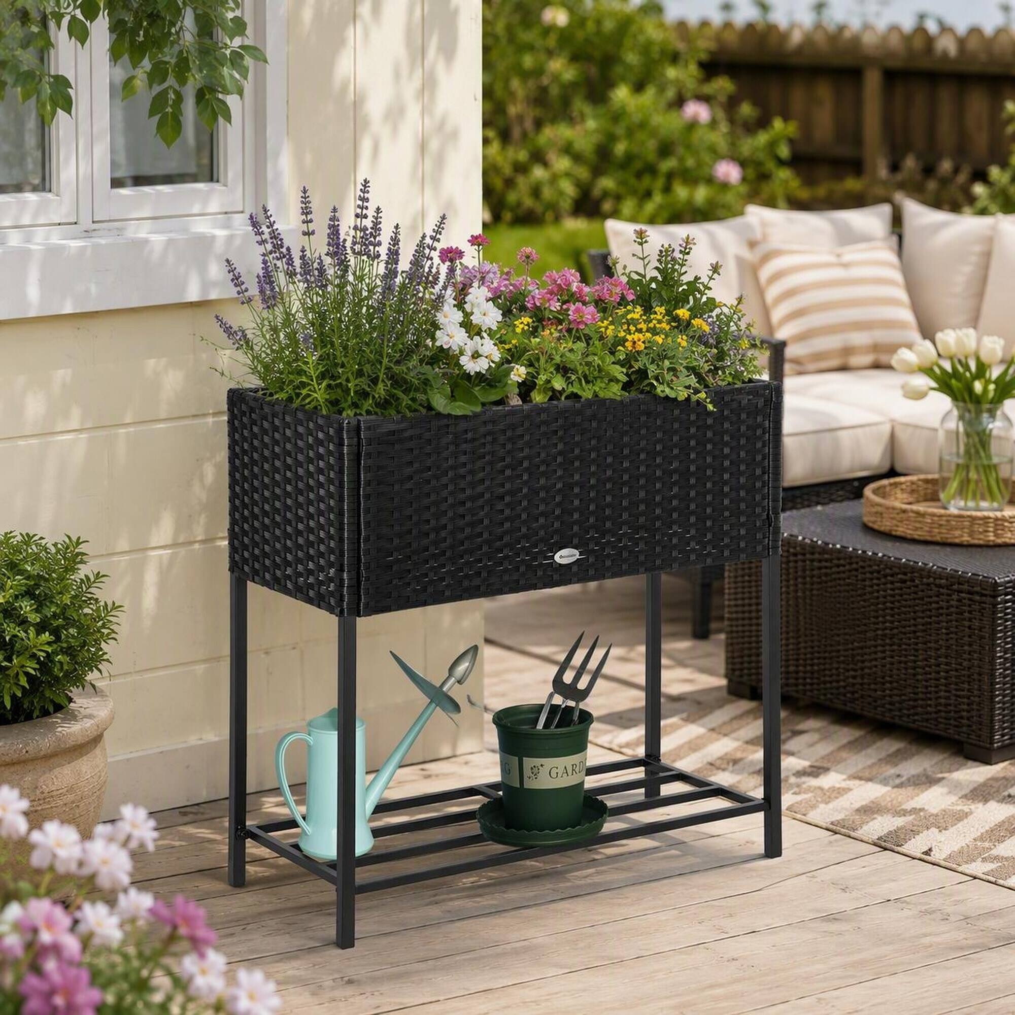 Left. RYHNUYNE - Raised Garden Bed Planter Box with Rattan Look, Steel Frame, Storage Shelf, Portable for Herbs Vegetables Flowers - Black.