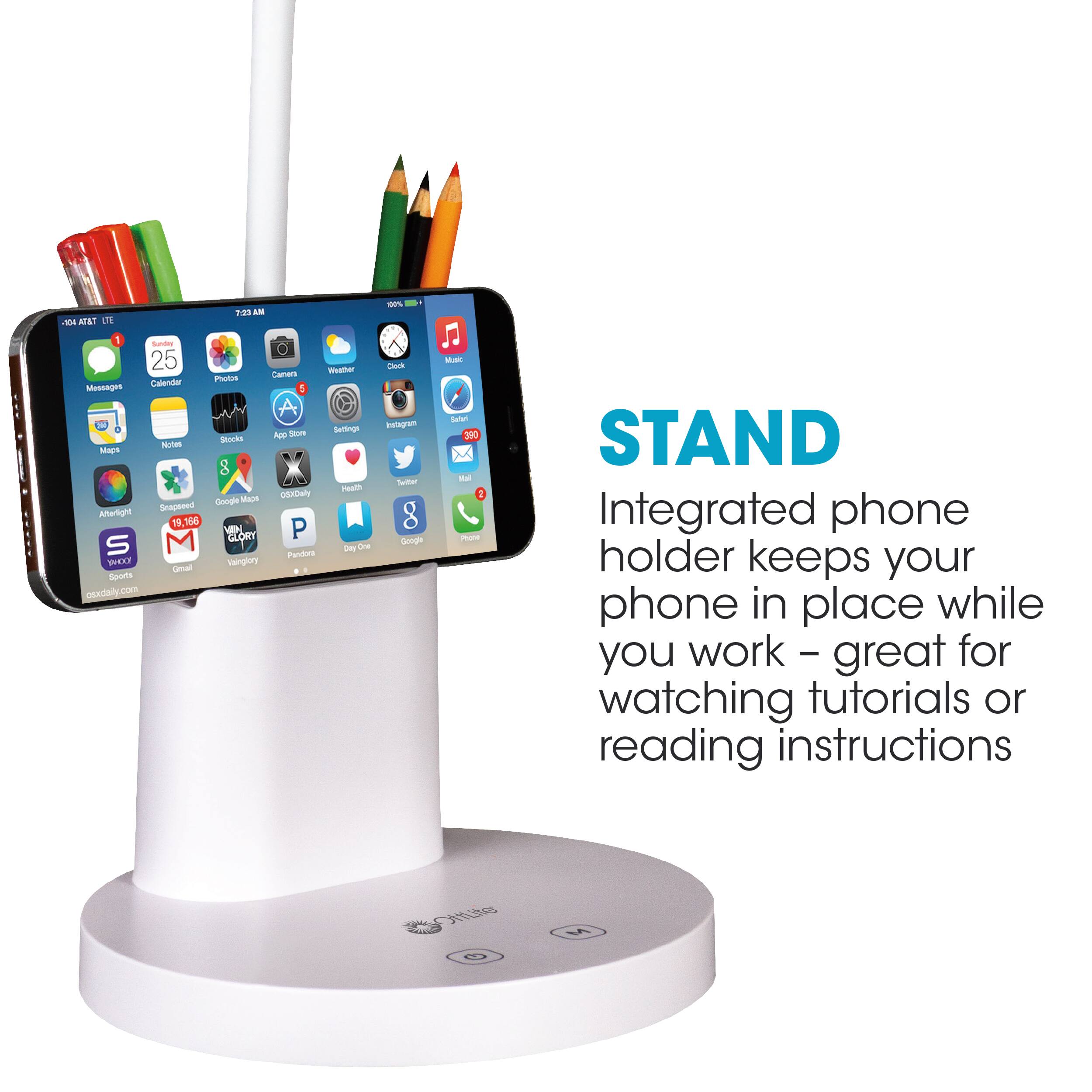 Stand Integrated phone holder keeps your phone in place while you work - great for watching tutorials or reading instructions.