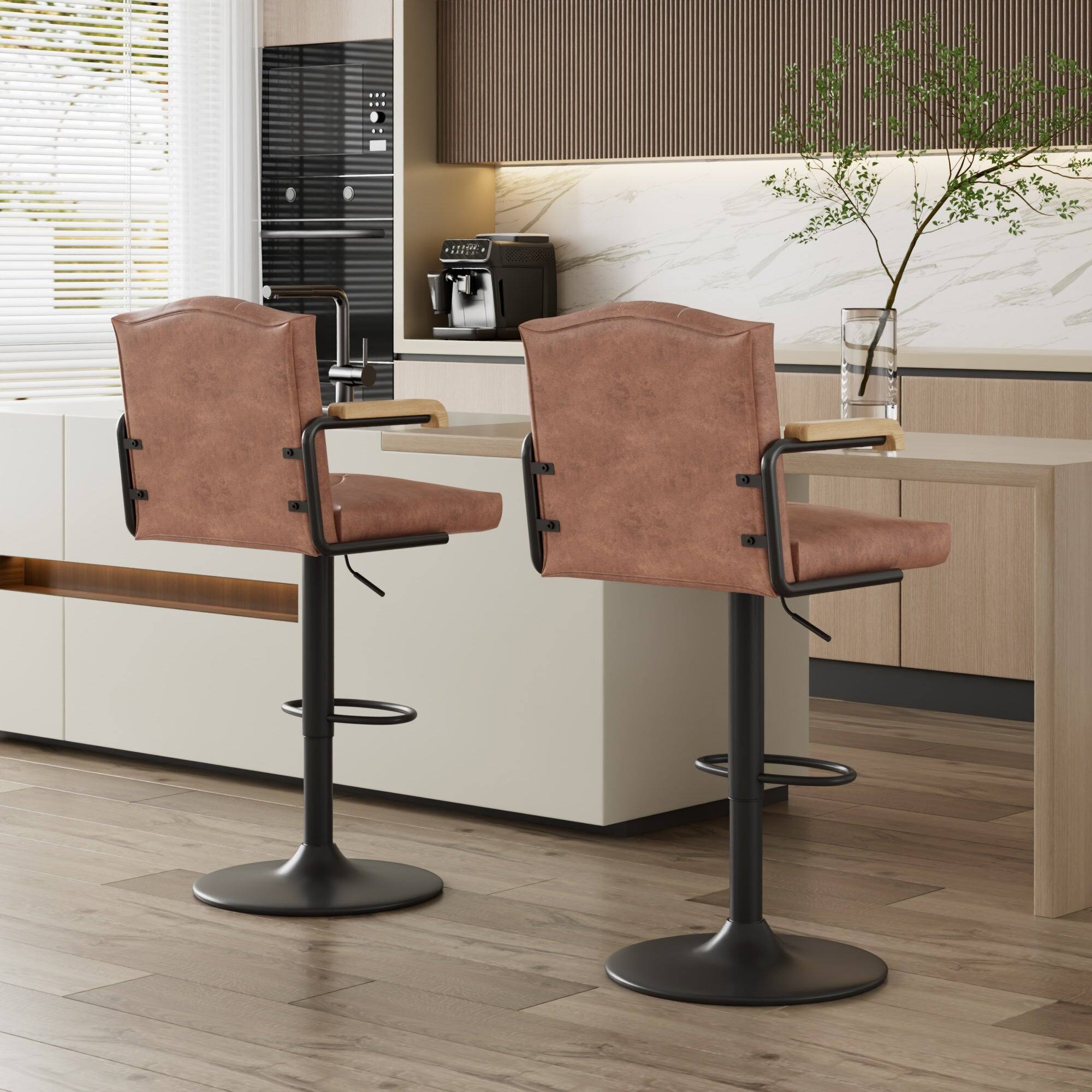 Angle. Vecelo - Set of 2 PU Leather Bar Stool with Adjustable Height - Brown Swivel Bar Stool with Footrest - Brown.