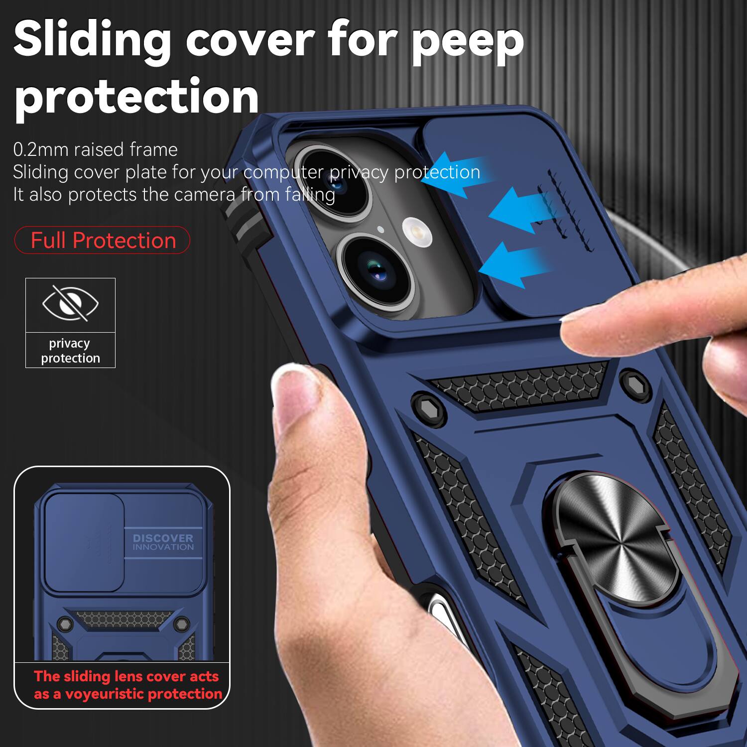 Sliding cover for peep protection  
0.2mm raised frame  
Sliding cover plate for your computer privacy protection  
It also protects the camera from falling  

Full Protection  

privacy protection  

DISCOVER INNOVATION  

The sliding lens cover acts as a voyeuristic protection