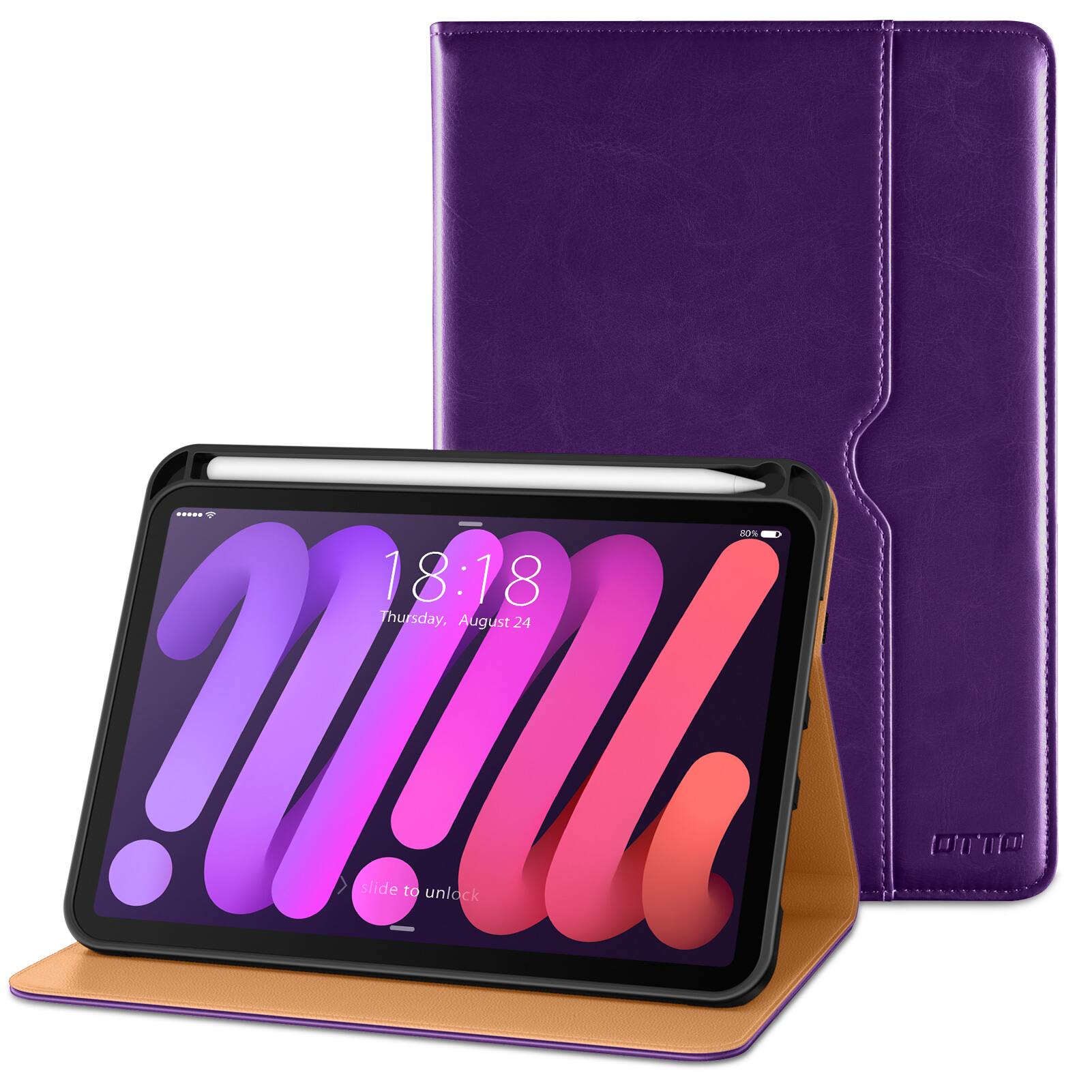 DTTO - Case for iPad Mini 7 (A17 Pro) 2024 / Mini 6 2021 8.3" - Leather Folio Stand with Pencil Holder & Multi-Angle Viewing - Dark Purple