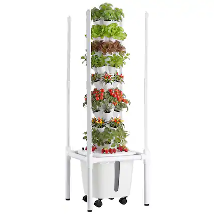 Front. VEVOR - Hydroponic Tower, 45 Pods 9 Tiers Hydroponics Growing System Kit with LED Grow Light, App Control & Casters - White.