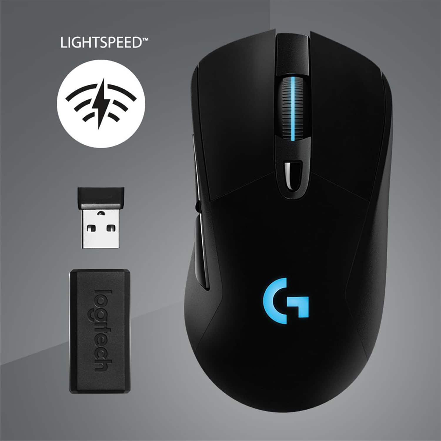 The image features a black computer mouse with a blue light on it, which is a Logitech product. The mouse is accompanied by a USB dongle, which is also a Logitech product. The image is likely promoting the wireless mouse and dongle as a convenient and efficient solution for computer users.