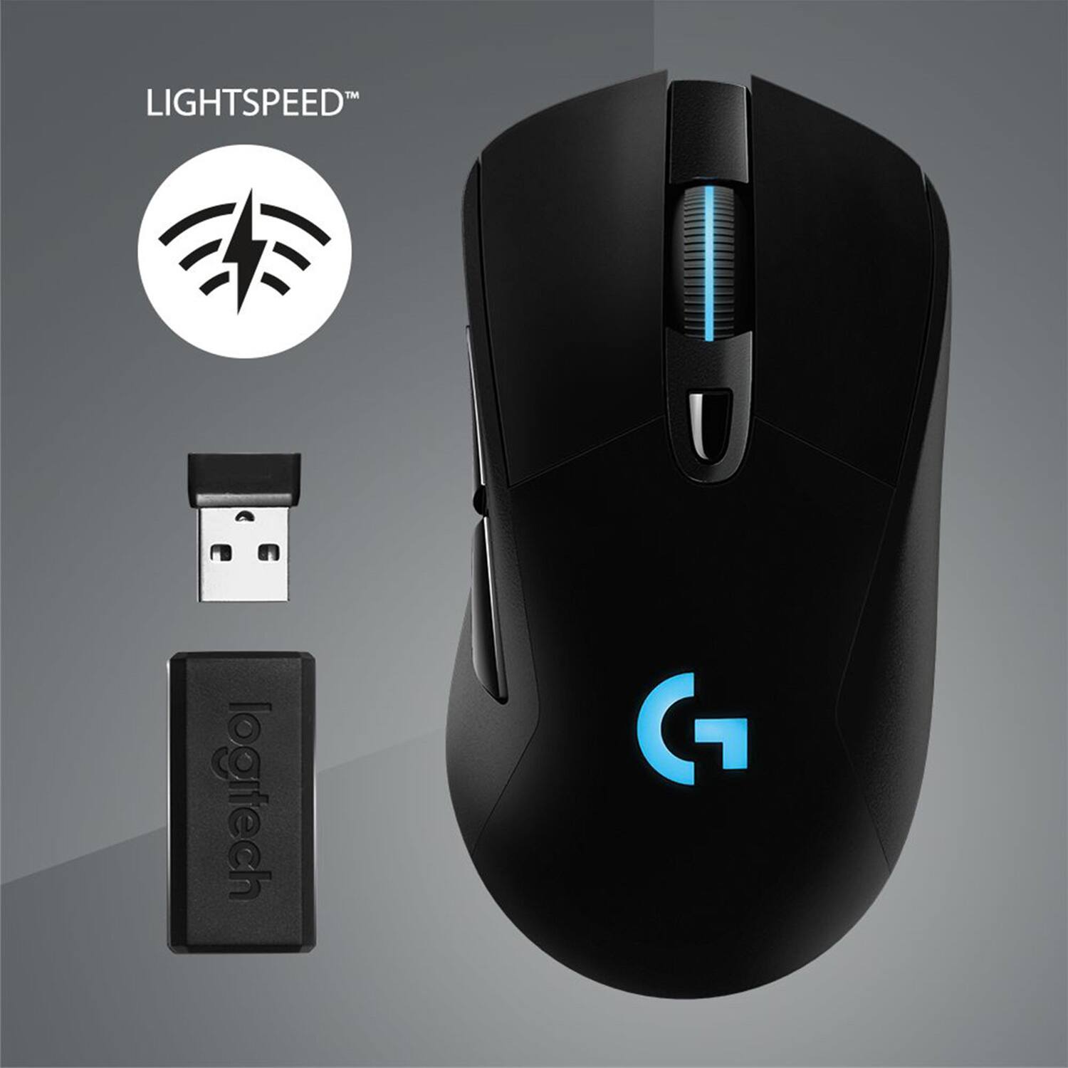 The image features a black computer mouse with a blue light on it, which is a Logitech product. The mouse is accompanied by a USB dongle, which is also a Logitech product. The image is likely promoting the wireless mouse and dongle as a convenient and efficient solution for computer users.