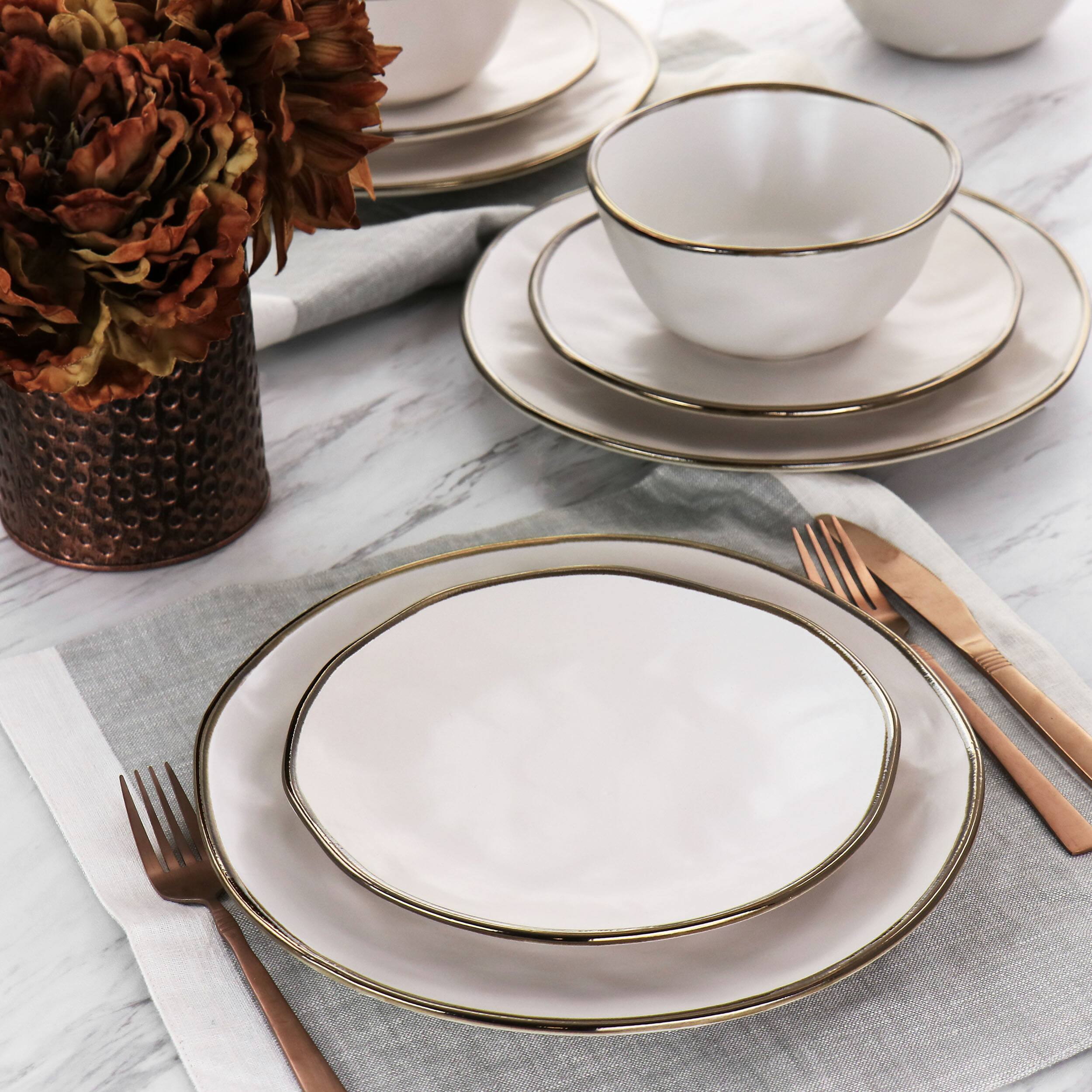 Alt View 9. Elama - Elama Modern 16 Piece Stoneware Dinnerware Set in Matte White with Gold Rim - White and Gold.