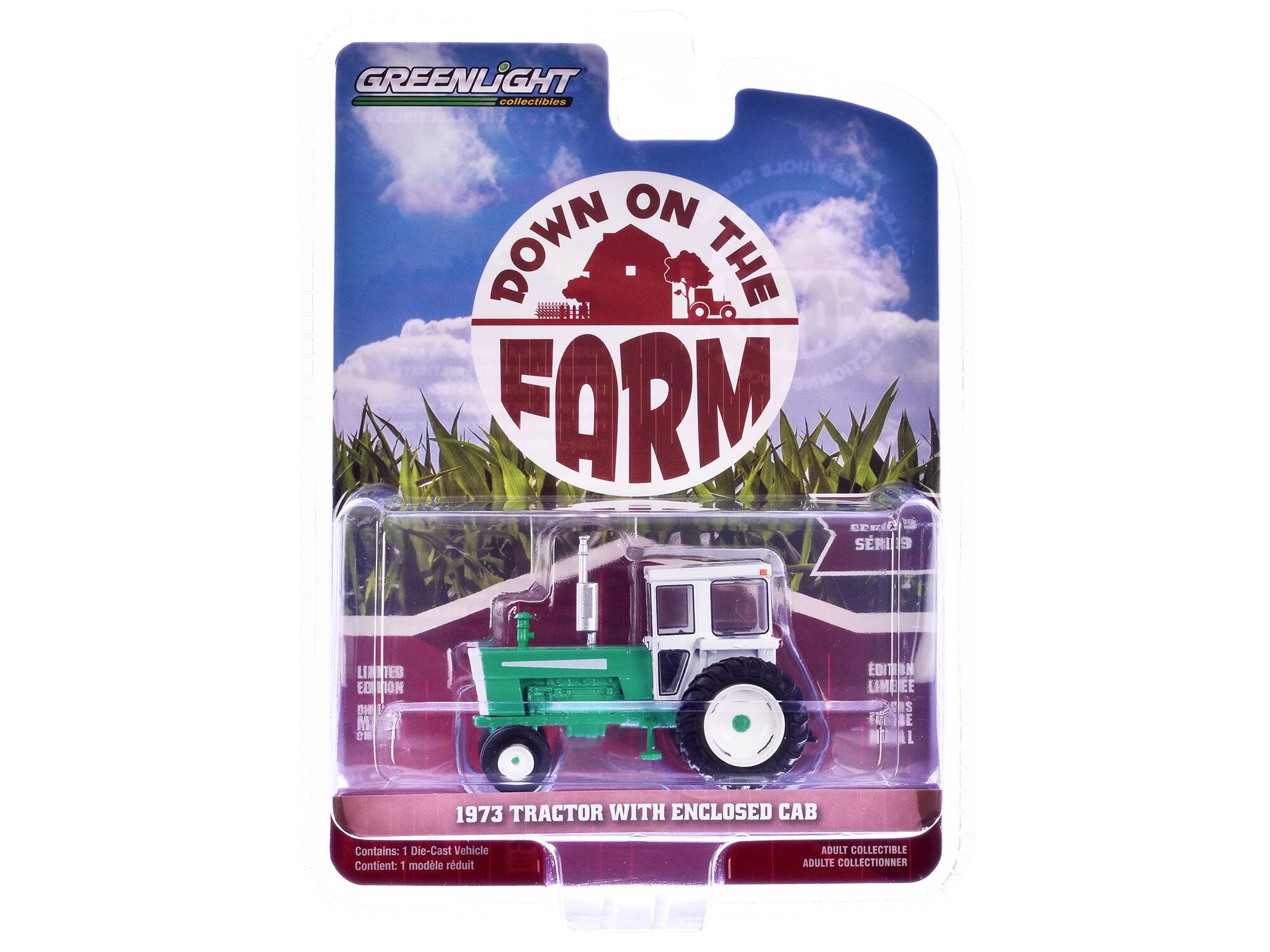 GREENLIGHT collectibles

DOWN ON THE FARM

1973 TRACTOR WITH ENCLOSED CAB

Contains: Die-Cast Vehicle  
Contient: modèle réduit

LIMITED EDITION

ADULT COLLECTIBLE  
ADULTE COLLECTIONNER

SERIES 3