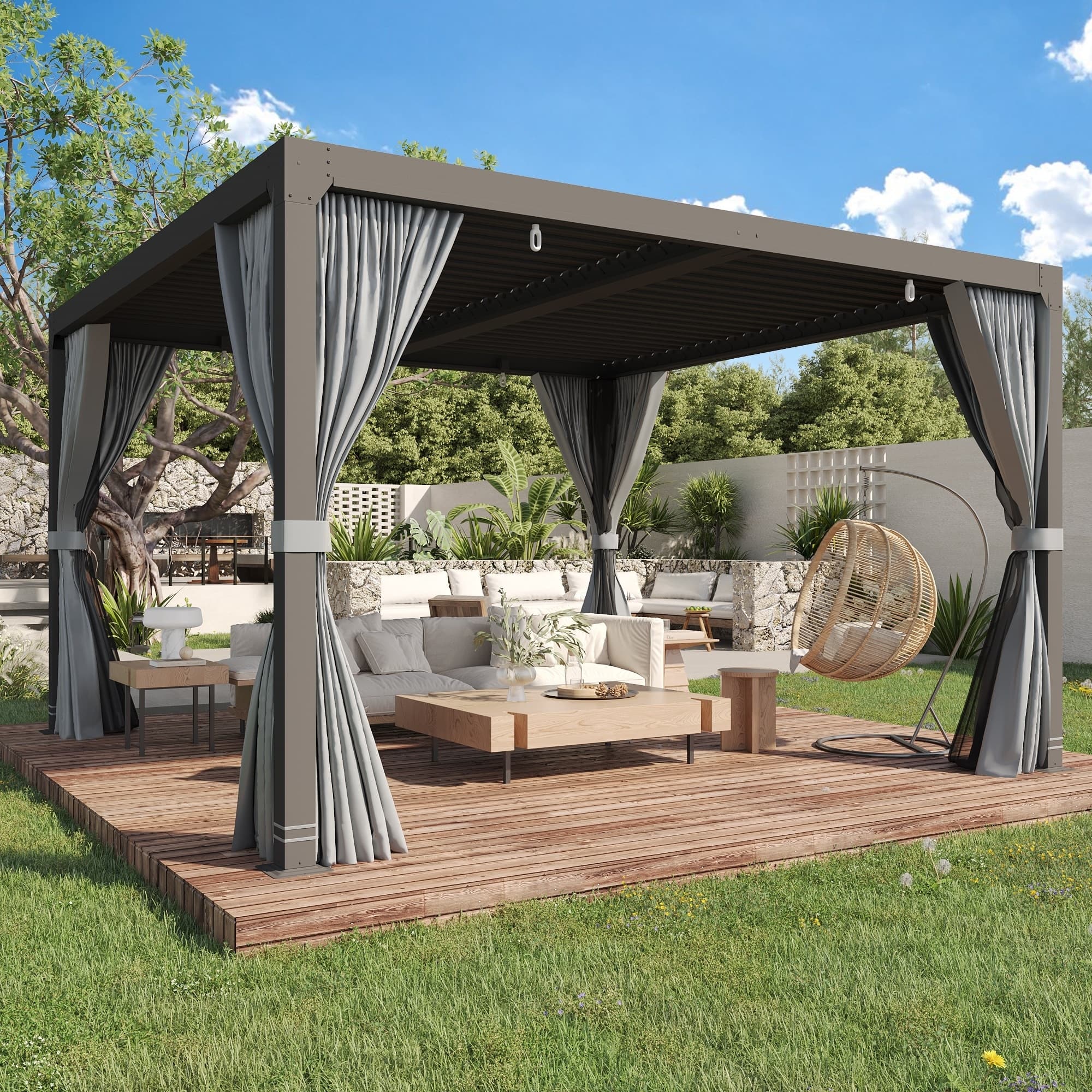 U-HOMY - 12x12 Aluminum Louvered Pergola with Adjustable Roof, Outdoor Patio Gazebo with Curtains for Backyard and Deck - Dark Gray