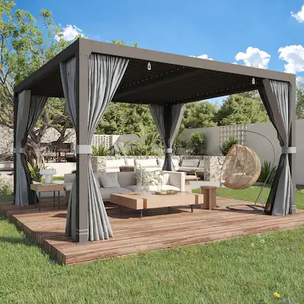 Front. U-HOMY - 12x12 Aluminum Louvered Pergola with Adjustable Roof, Outdoor Patio Gazebo with Curtains for Backyard and Deck - Dark Gray.