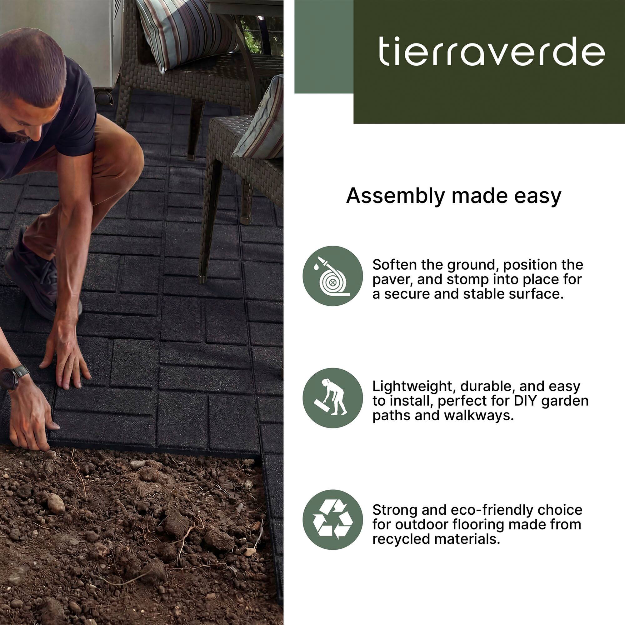tierraverde Assembly made easy Soften the ground, position the paver, and stomp into place for a secure and stable surface. Lightweight, durable, and easy to install, perfect for DIY garden paths and walkways. Strong and eco-friendly choice for outdoor flooring made from recycled materials.