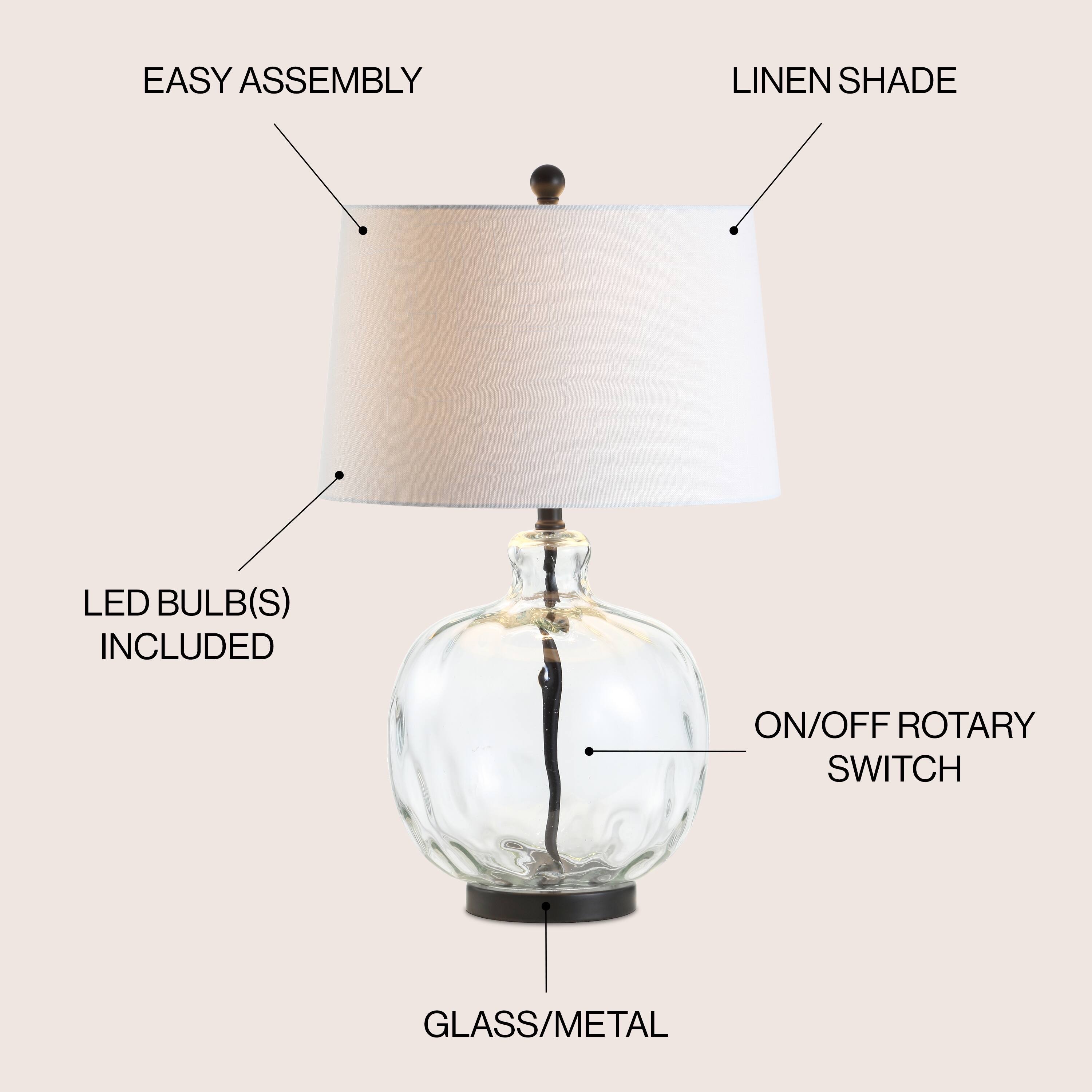 EASY ASSEMBLY  
LINEN SHADE  
LED BULB(S) INCLUDED  
ON/OFF ROTARY SWITCH  
GLASS/METAL