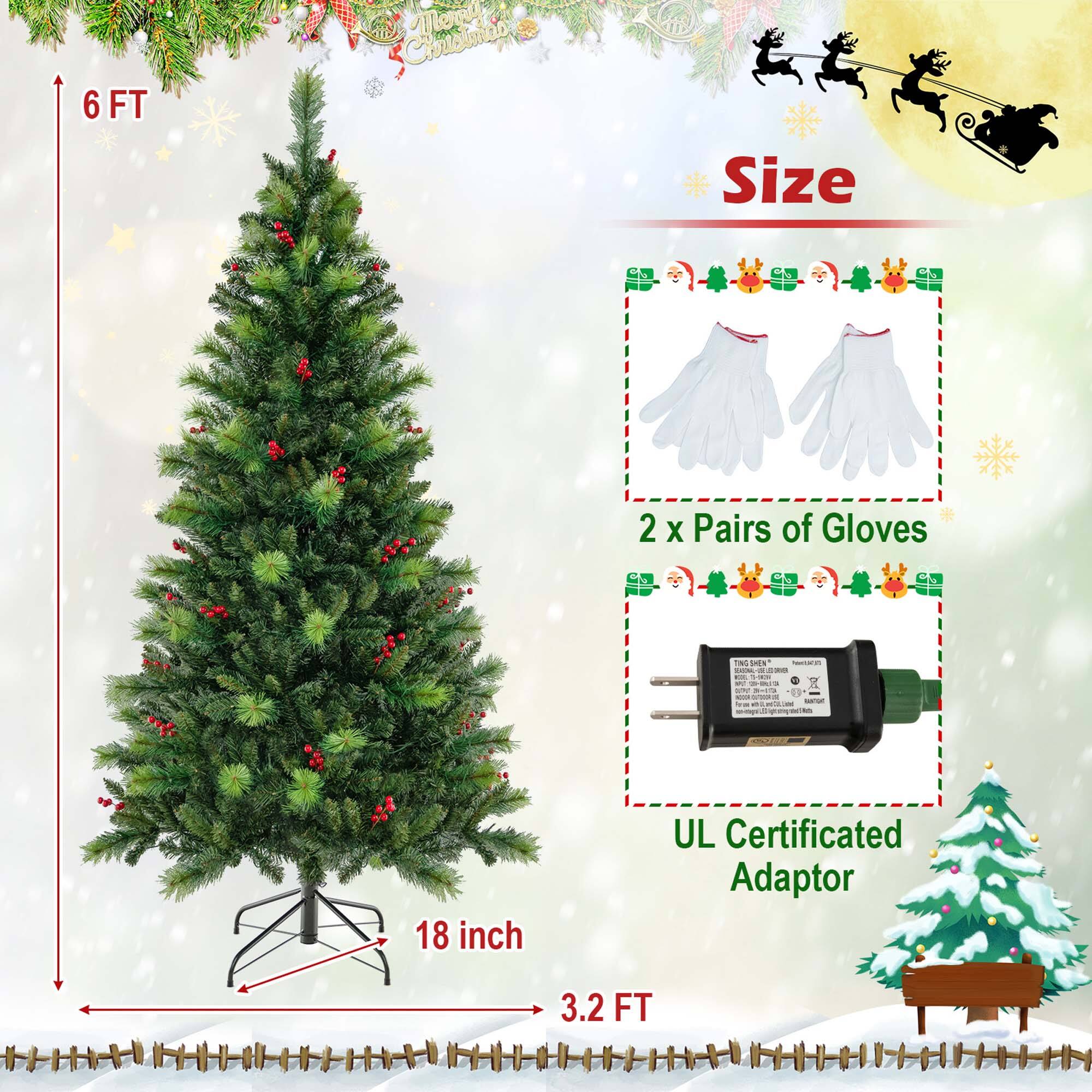 The text on the image is grouped and corrected as follows:

"6 FT Christmas Tree Size 2 X Pairs of Gloves Fa Cd - -d Gda - a adda i adaas - - i 18 inch UL Certificated Adaptor 3.2 FT"