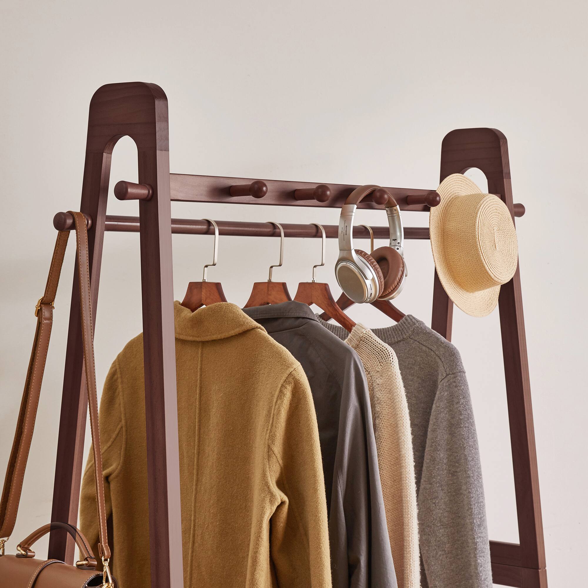 Alt View 3. LUCKY ONE - Solid Wood Freestanding Clothing Garment Rack with Lockable Wheels - Walnut.