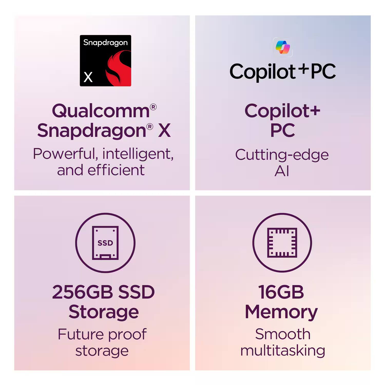 Snapdragon X Copilot+PC

Qualcomm Snapdragon X
Powerful, intelligent, and efficient

Copilot+ PC
Cutting-edge AI

256GB SSD Storage
Future proof storage

16GB Memory
Smooth multitasking