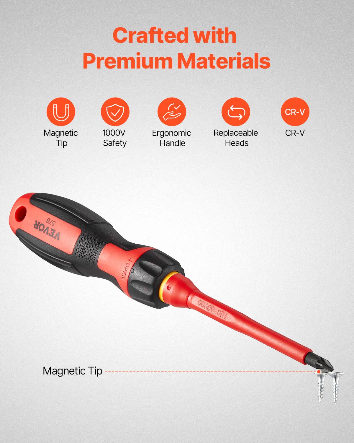 Crafted with Premium Materials

- Magnetic Tip
- 1000V Safety
- Ergonomic Handle
- Replaceable Heads
- CR-V

Magnetic Tip