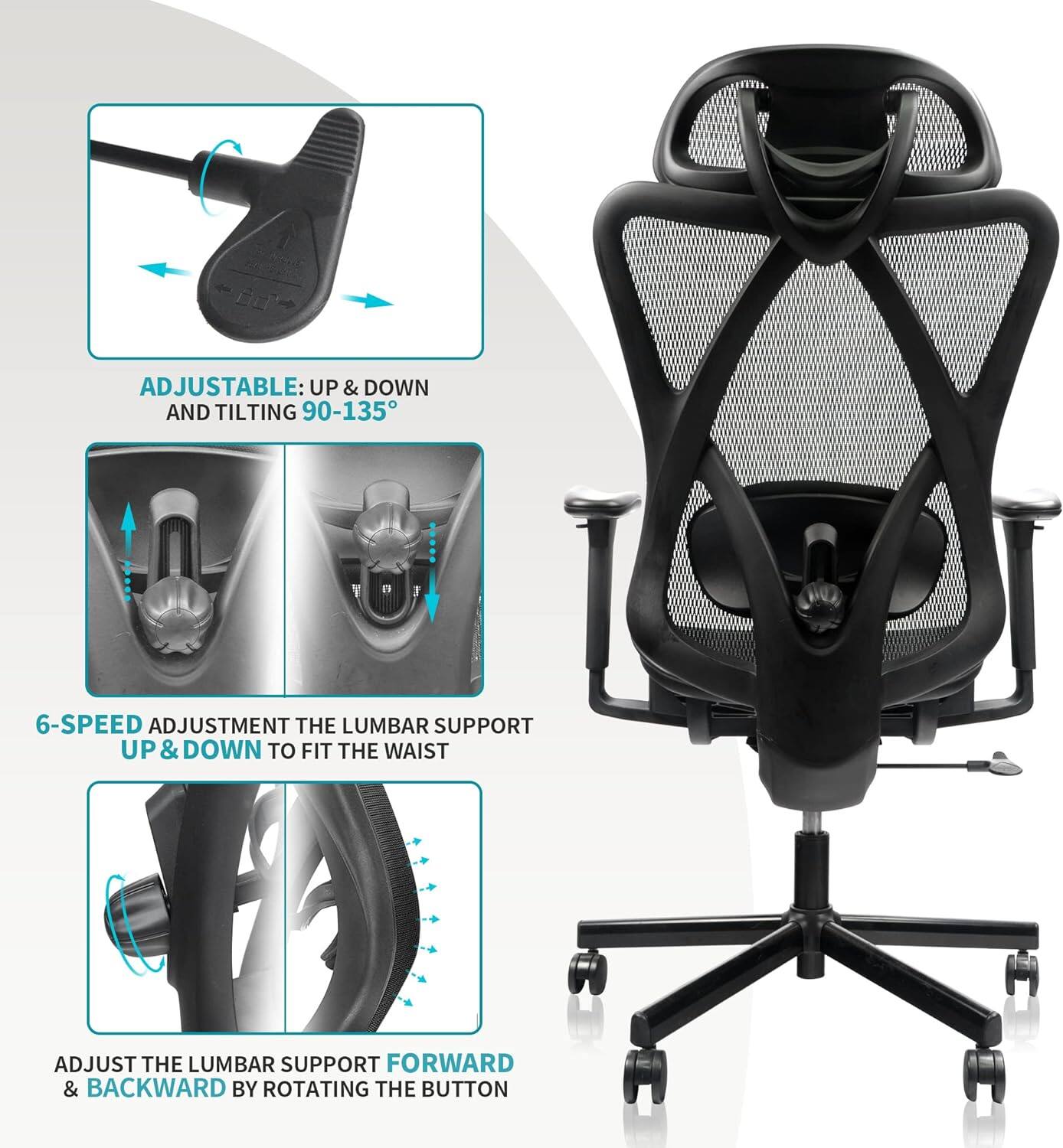 ADJUSTABLE: UP & DOWN AND TILTING 90-135°

6-SPEED ADJUSTMENT THE LUMBAR SUPPORT UP & DOWN TO FIT THE WAIST

ADJUST THE LUMBAR SUPPORT FORWARD & BACKWARD BY ROTATING THE BUTTON