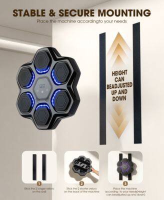 STABLE & SECURE MOUNTING  
Place the machine according to your needs  

HEIGHT CAN BE ADJUSTED UP AND DOWN  

1. Stick the 2 longer velcro on the wall  
2. Stick the 2 shorter velcro on the back of the machine  
3. Place the machine according to your needs (height can be adjusted up and down)