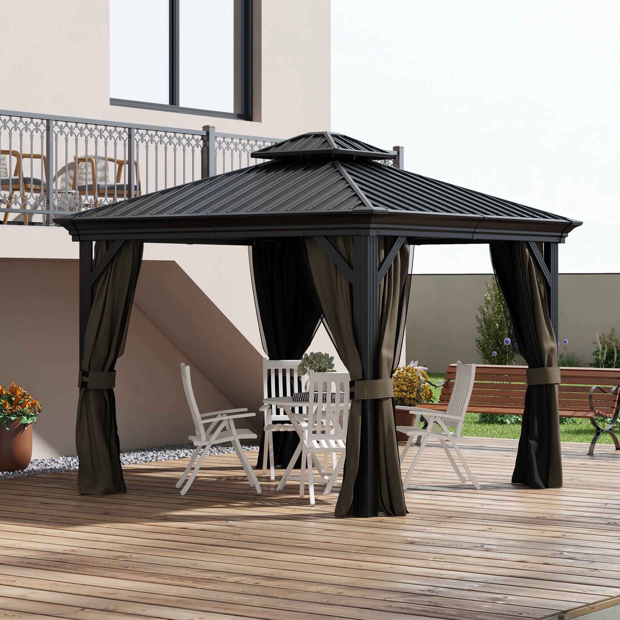 Alt View 1. Outsunny - 10' x 10' Hardtop Gazebo with Curtains and Netting, Permanent Pavilion Metal Double Roof Gazebo Canopy - Dark Brown.