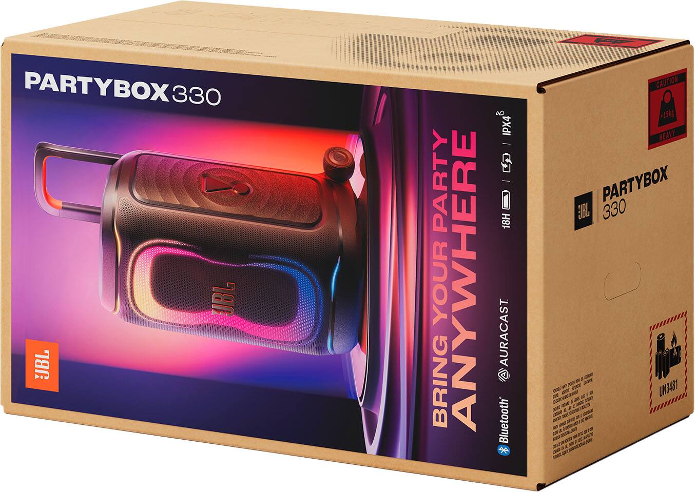 PARTYBOX 330  
JBL  
JBL PARTY YOUR ANYWHERE  
DD IPX4  
18H  
AURACAST  
Bluetooth  
CAUTION  
+15kg HEAVY  
PARTYBOX 330  
UN3481