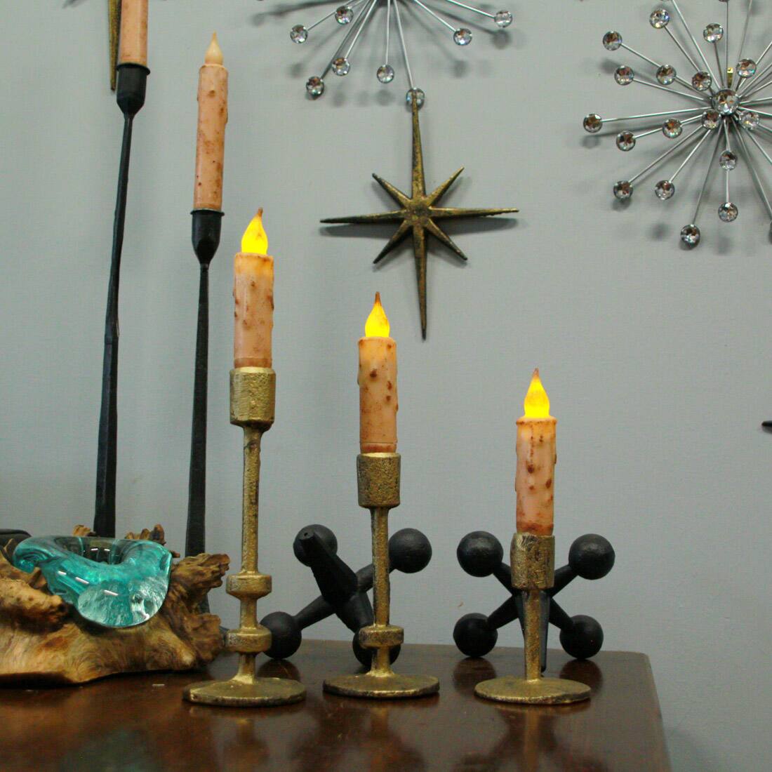 Alt View 4. Zeckos - Set of 3 Aged Bronze Cast Iron Taper Candle Holders MCM, Gothic Industrial Decor - Gold.