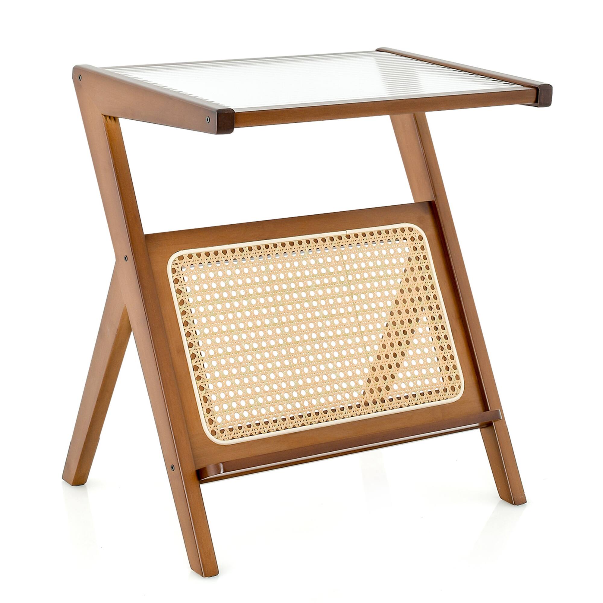 Alt View 1. Costway - Rattan Side Table Bamboo Accent Bedside Table with Tempered Glass Top - Walnut.