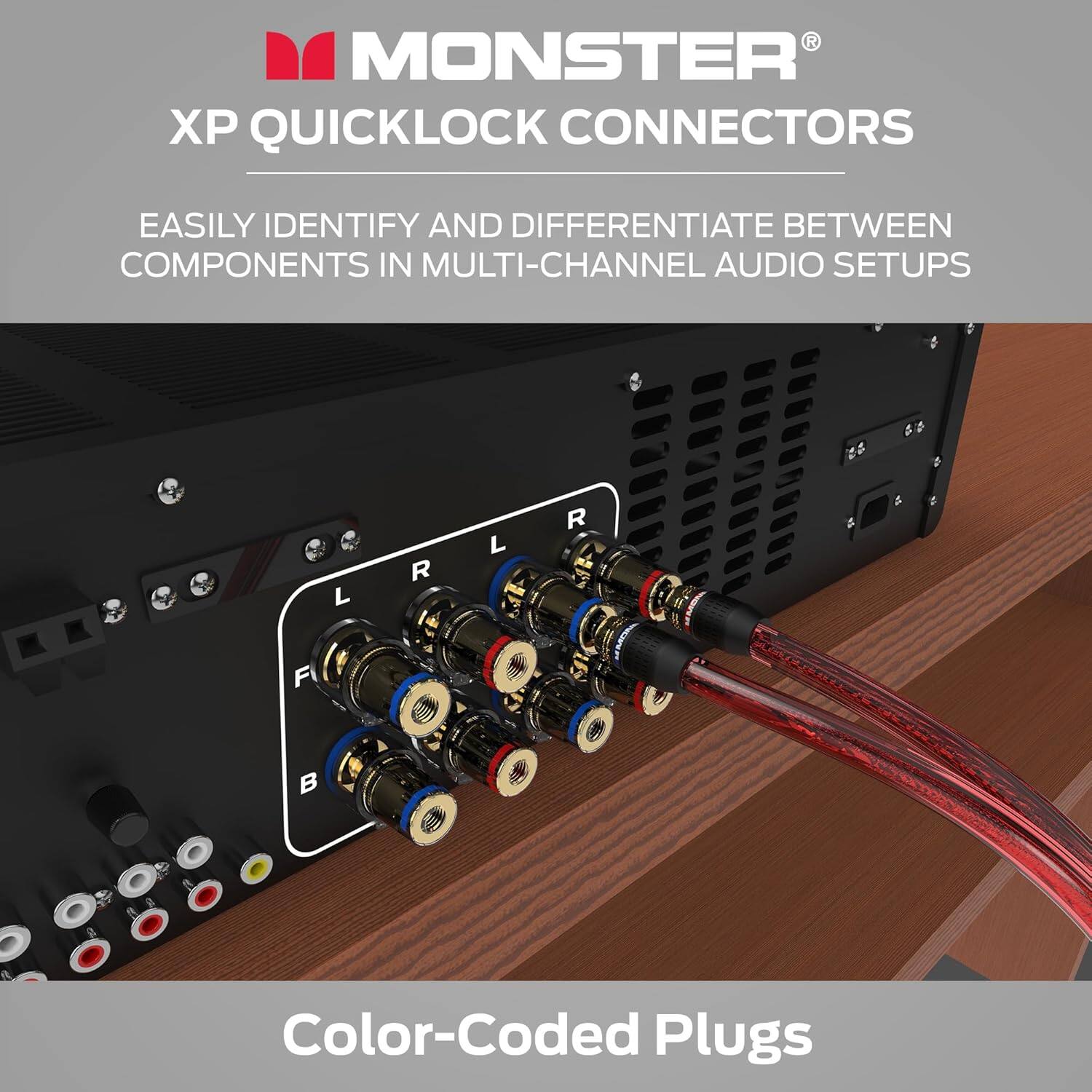 R MONSTER XP QUICKLOCK CONNECTORS EASILY IDENTIFY AND DIFFERENTIATE BETWEEN COMPONENTS IN MULTI-CHANNEL AUDIO SETUPS L R L R F   a 3 A Color-Coded Plugs